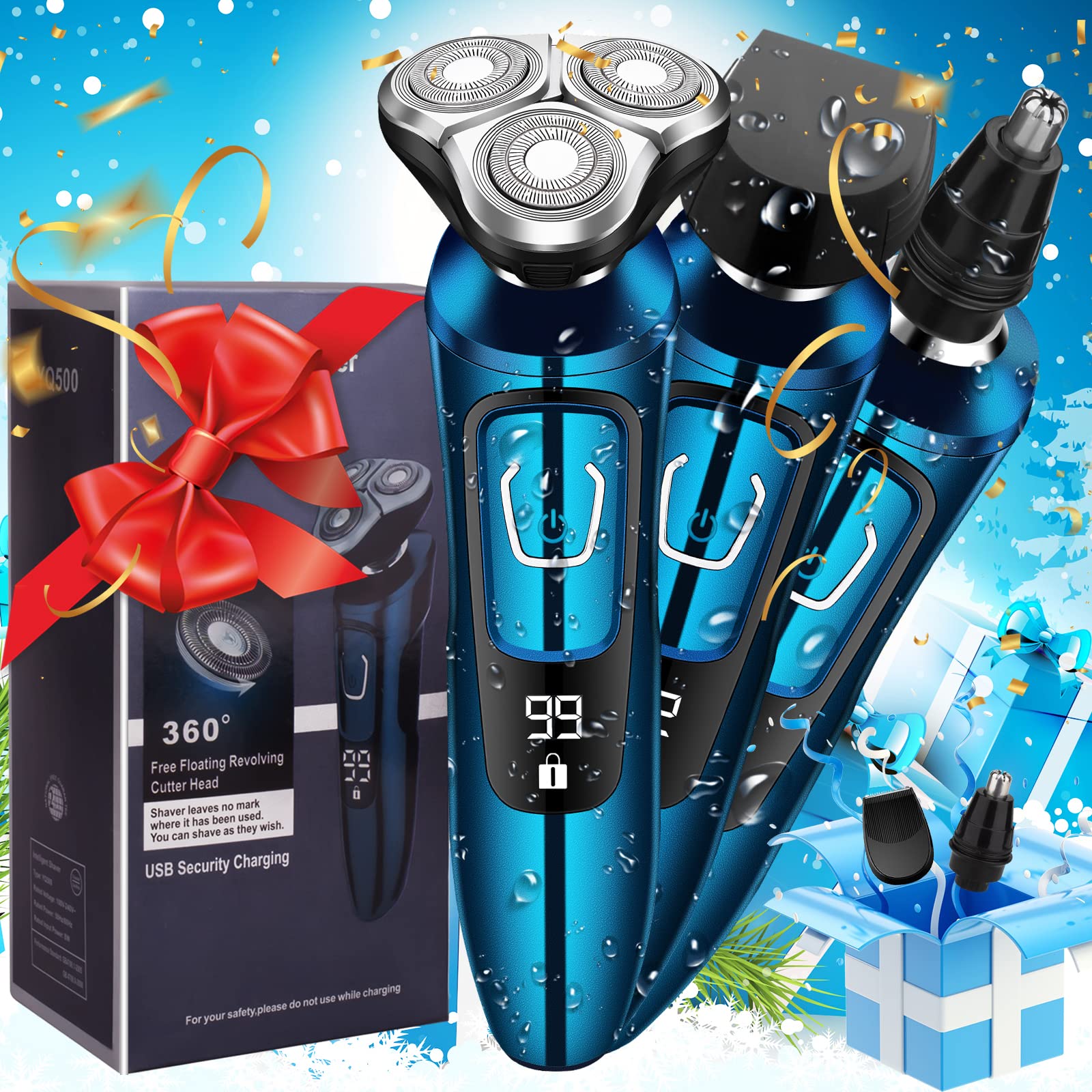 Electric Razor for Men,Viatia Rechargeable Mens Shaver Wet and Dry Electric Razor for Men,Portable Cordless 3D Rotary Shaver, IPX7 Waterproof Mens Razor for Shaving with Sideburn &Nose Hair Trimmer