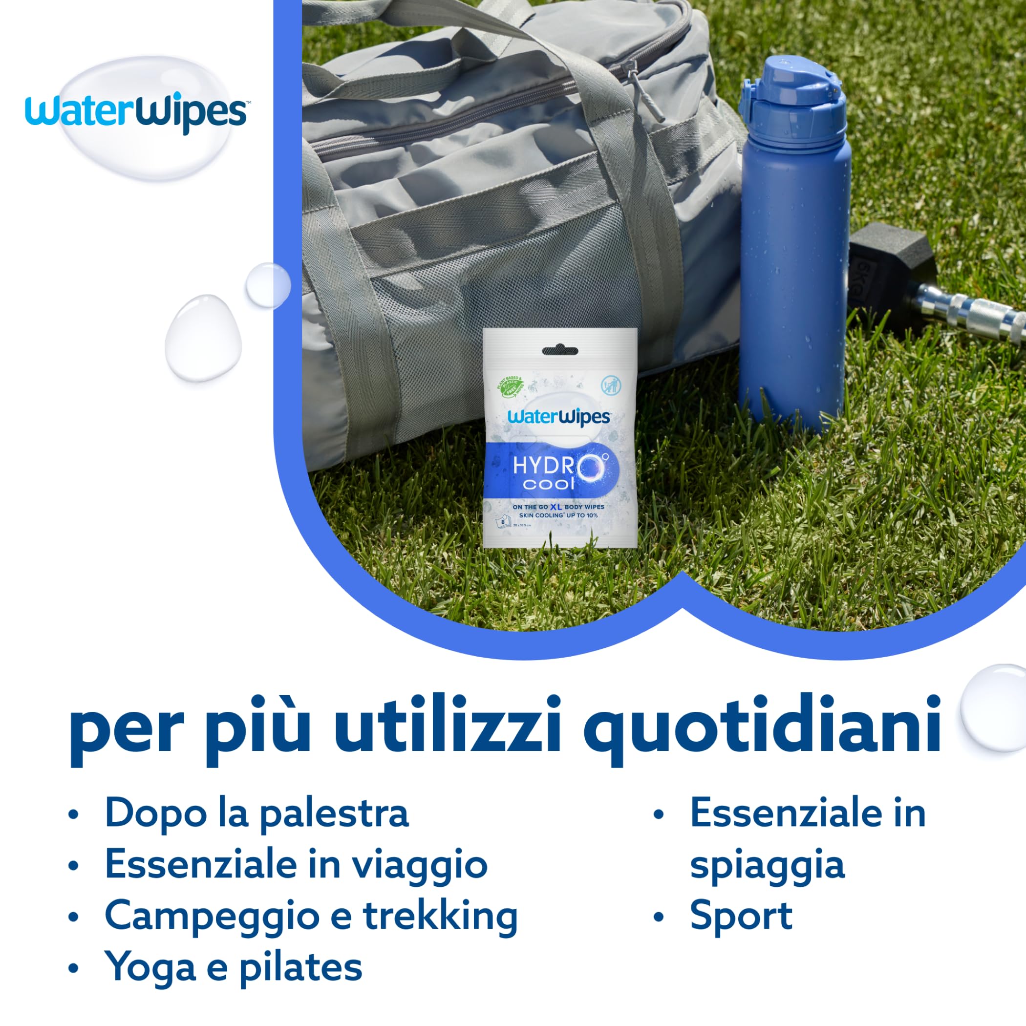 WaterWipes HydroCool Salviette Rinfrescanti XL per il Corpo, Effetto Raffreddante Istantaneo On-the-Go, Rimuove Sudore e Odori, Ideali per Palestra, Viaggi e Attività Outdoor, 8 Pezzi (1 Confezione)