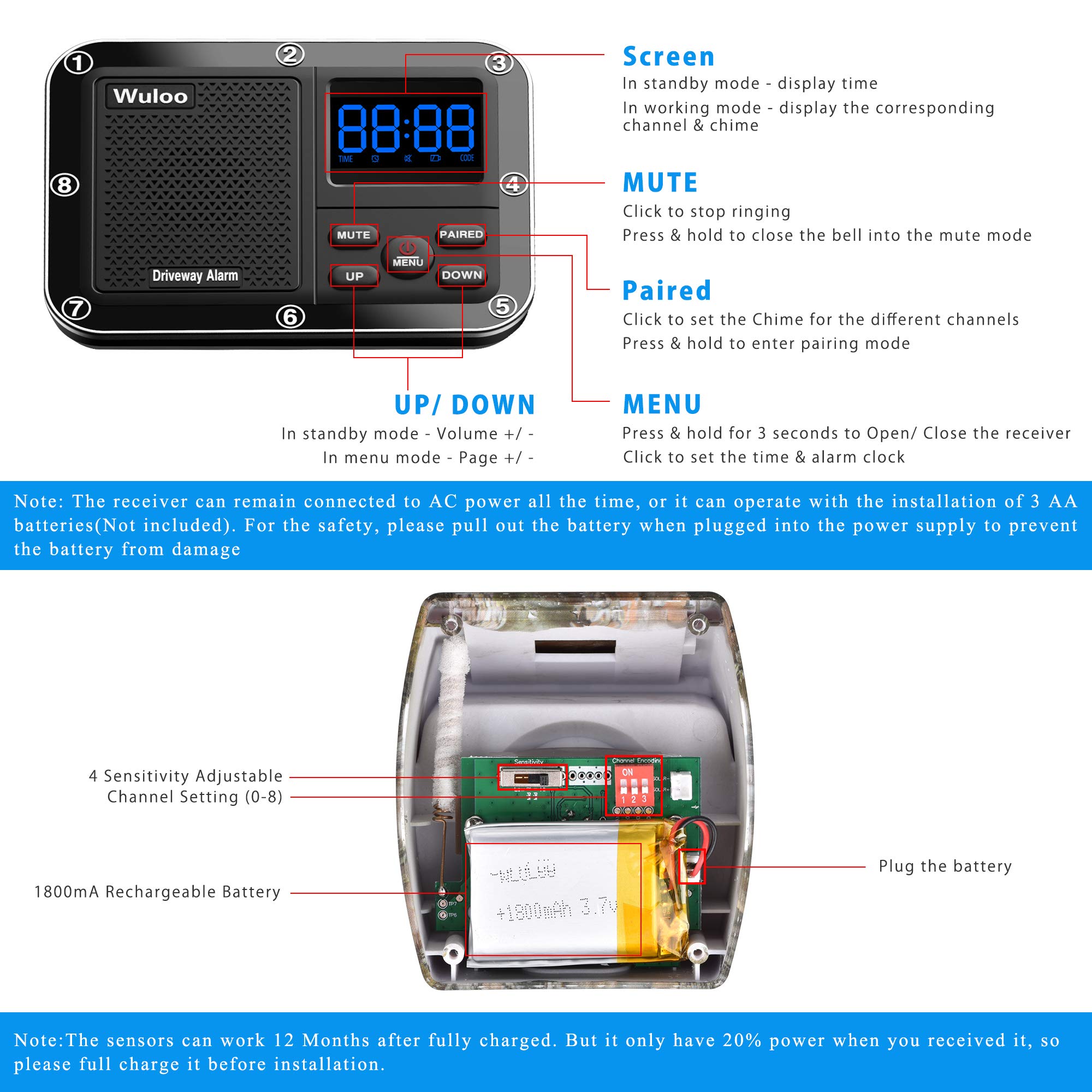 Alarma de Salida inalámbrica de 1800 pies para Exteriores, Sensor de Movimiento y Sistema de Alerta de Entrada, batería Recargable/Resistente a la Intemperie/Modo Silencio/Bloqueo y Alarma Funcional