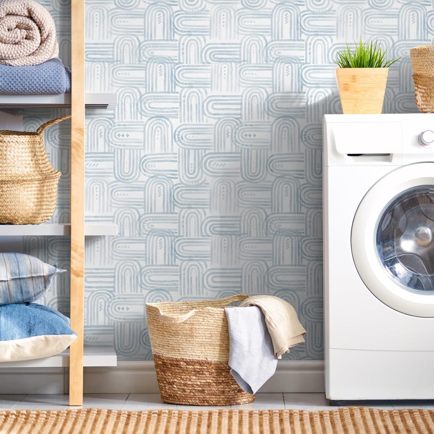 Boho Peel and Stick Wallpaper Modern Light Blue Contact Paper 17.3"x 120" Self-Adhesive Removable Waterproof Geometric Wallpaper Vinyl Roll for Bathroom Bedroom Cabinets Décor