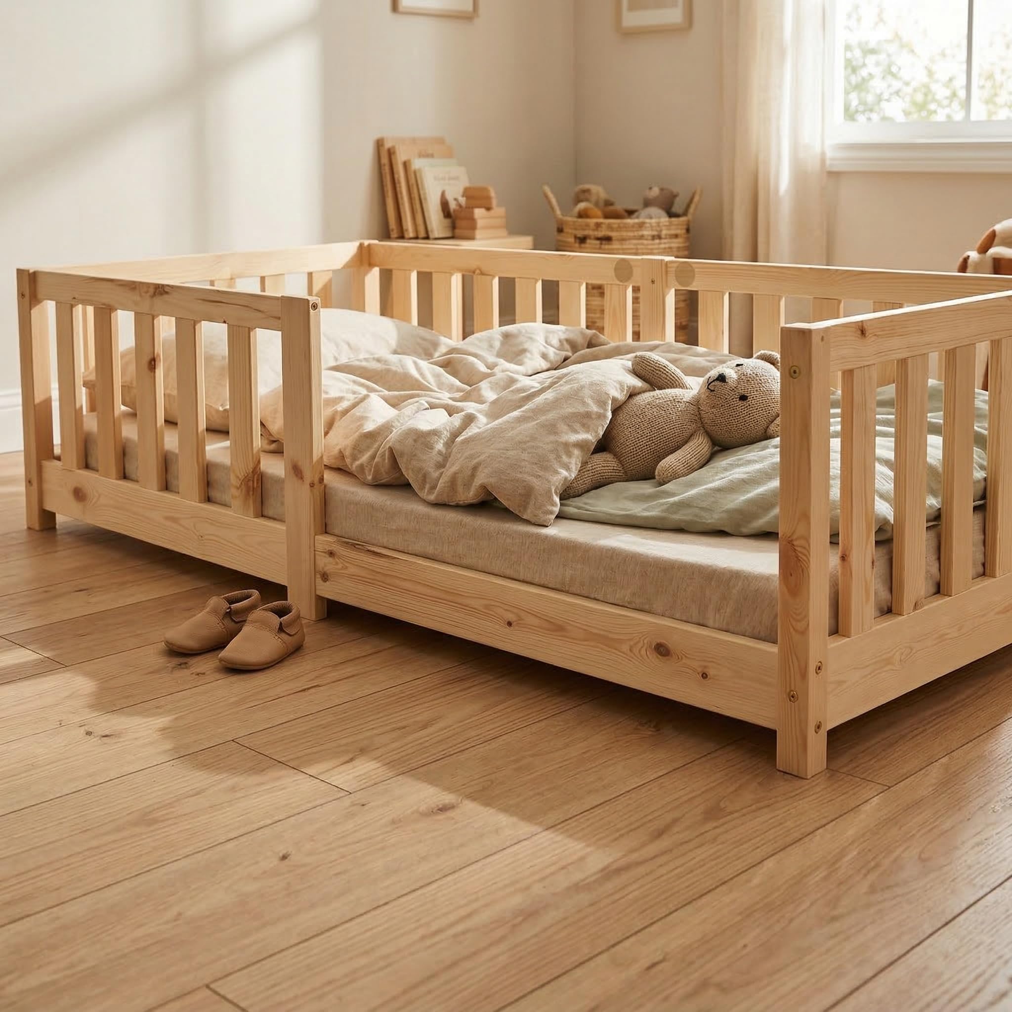 ecoMI Letto per bambini con protezione anticaduta e rete a doghe, letto da pavimento Montessori in legno di pino massiccio, letto singolo, naturale, 80 x 160 cm