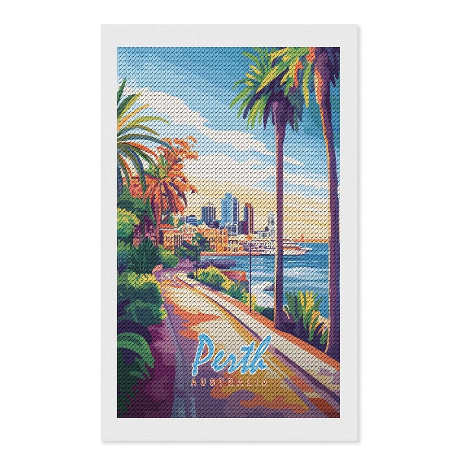 Junmoney Perth, Australia Cityscape DIY Diamond Art Canvas Kit 12"x20", Relaxing DIY, Sparkling Crystal Beads, Vintage Style Decor, Holiday Gift Idea