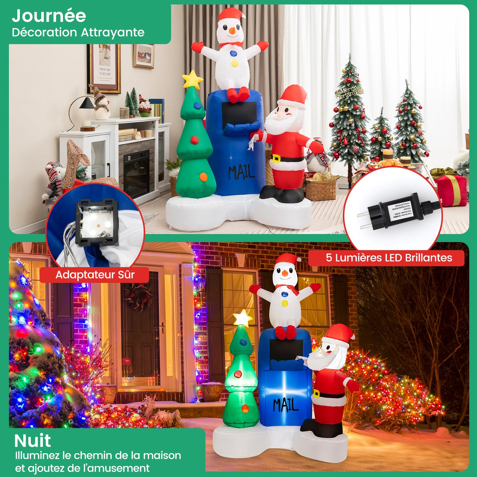 COSTWAY Décoration Gonflable de Noël 185cm avec Lumières LED | Décoration Père Noël Boîte aux Lettres et Bonhomme de Neige avec Sac de Sable pour Fêtes Intérieur/Extérieur