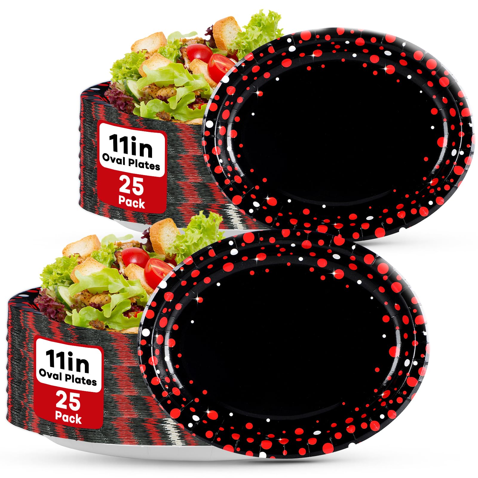 50pcs Black and Red Party Supplies Large Red Dot on Black Paper Plates Oval Dinner Plates Disposable Party Tableware for Birthday Decorations