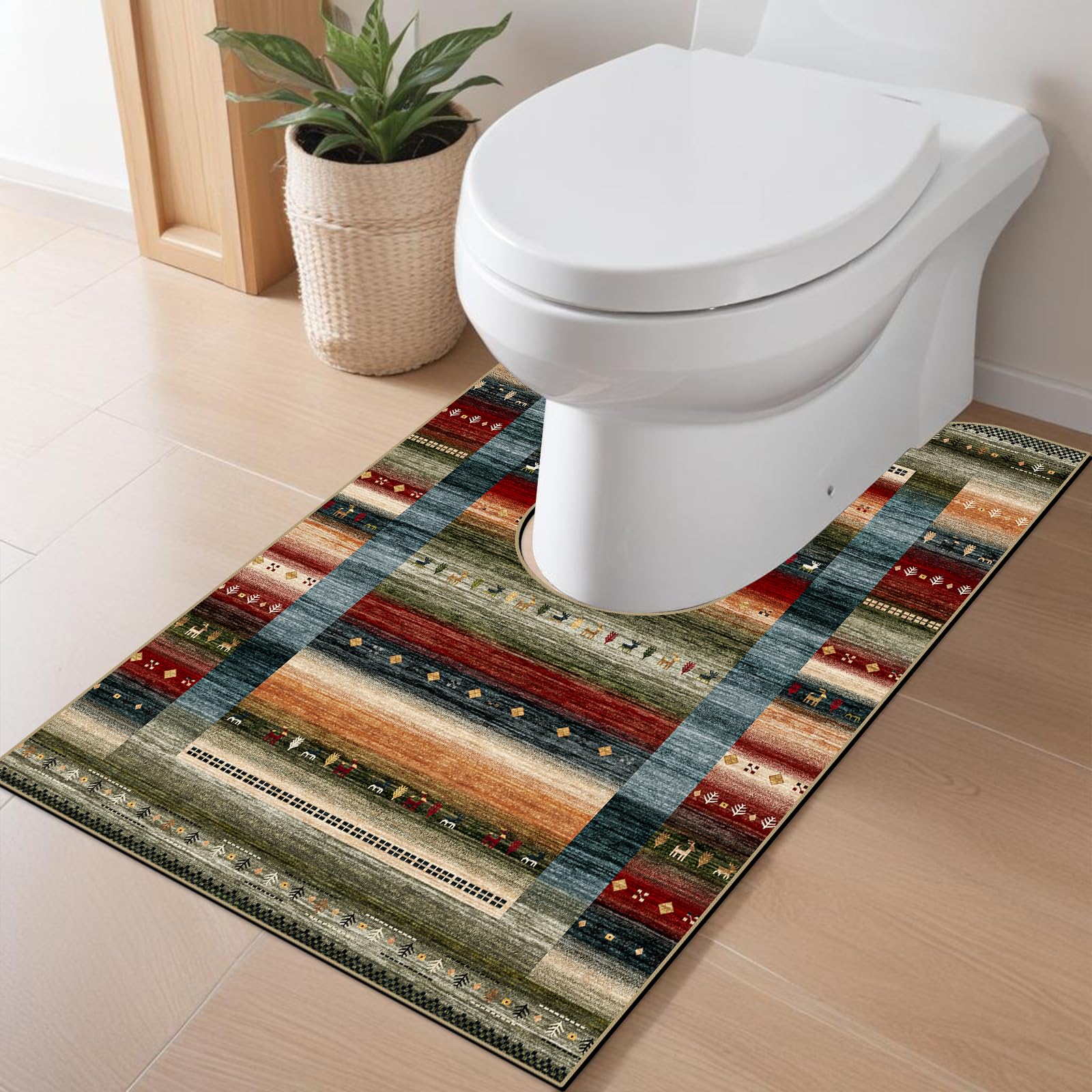 トイレマット ロング 耳長 洗える 人気： ふわふわ 吸水 速乾 抗菌 防臭 といれまっと 滑り止め トイレ敷きマット 天然素材 丸洗い 大判 toilet mat 北欧 トイレカーペット U型 トイレ足元 60*90cm (縞模様-緑色)