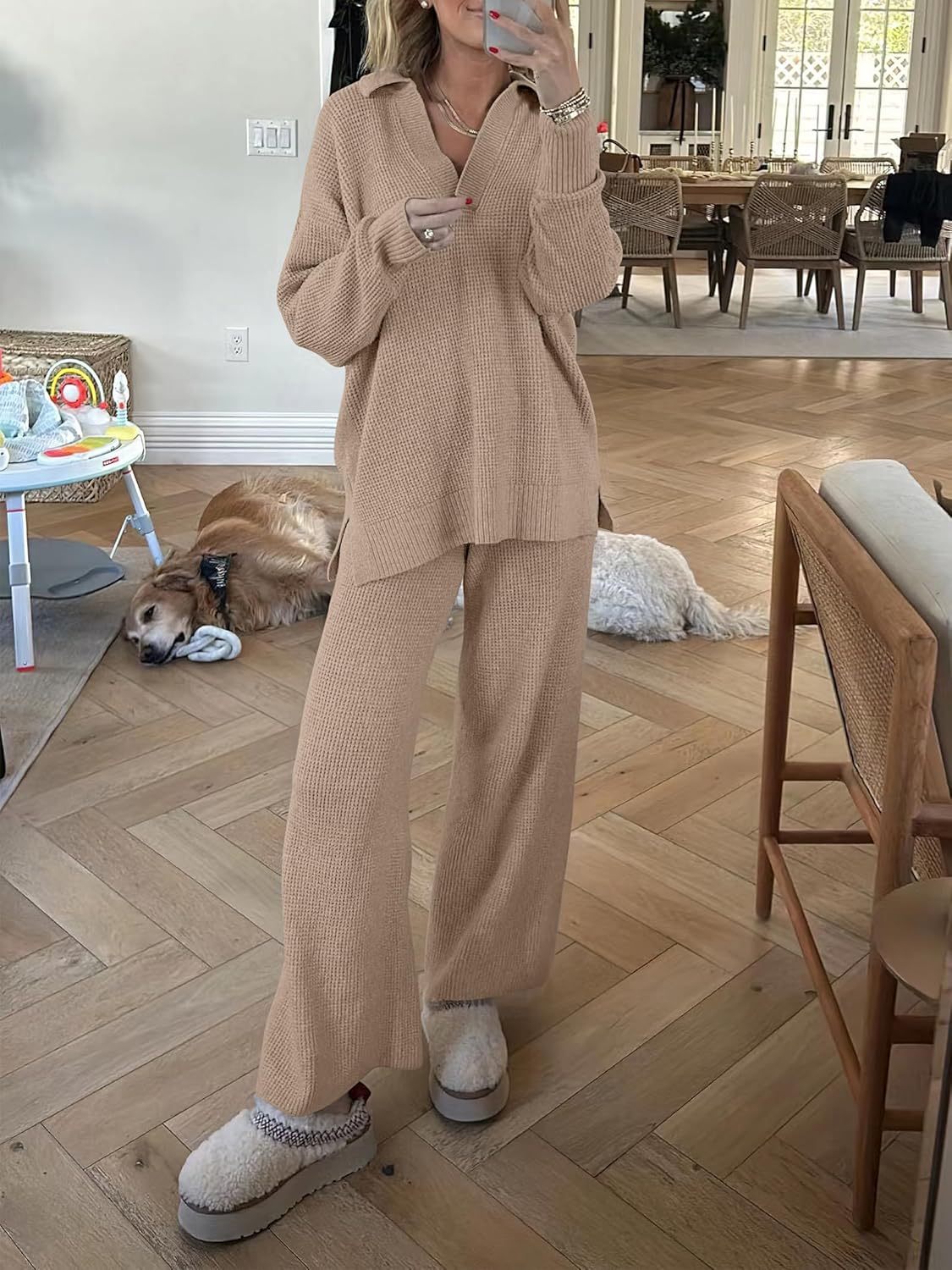 ANRABESS Women Two Piece Outfits Sweater Sets Lounge Waffle Knit Pullover Matching Wide Leg Pants Tracksuit 2025 Fall Fashion - Image 5