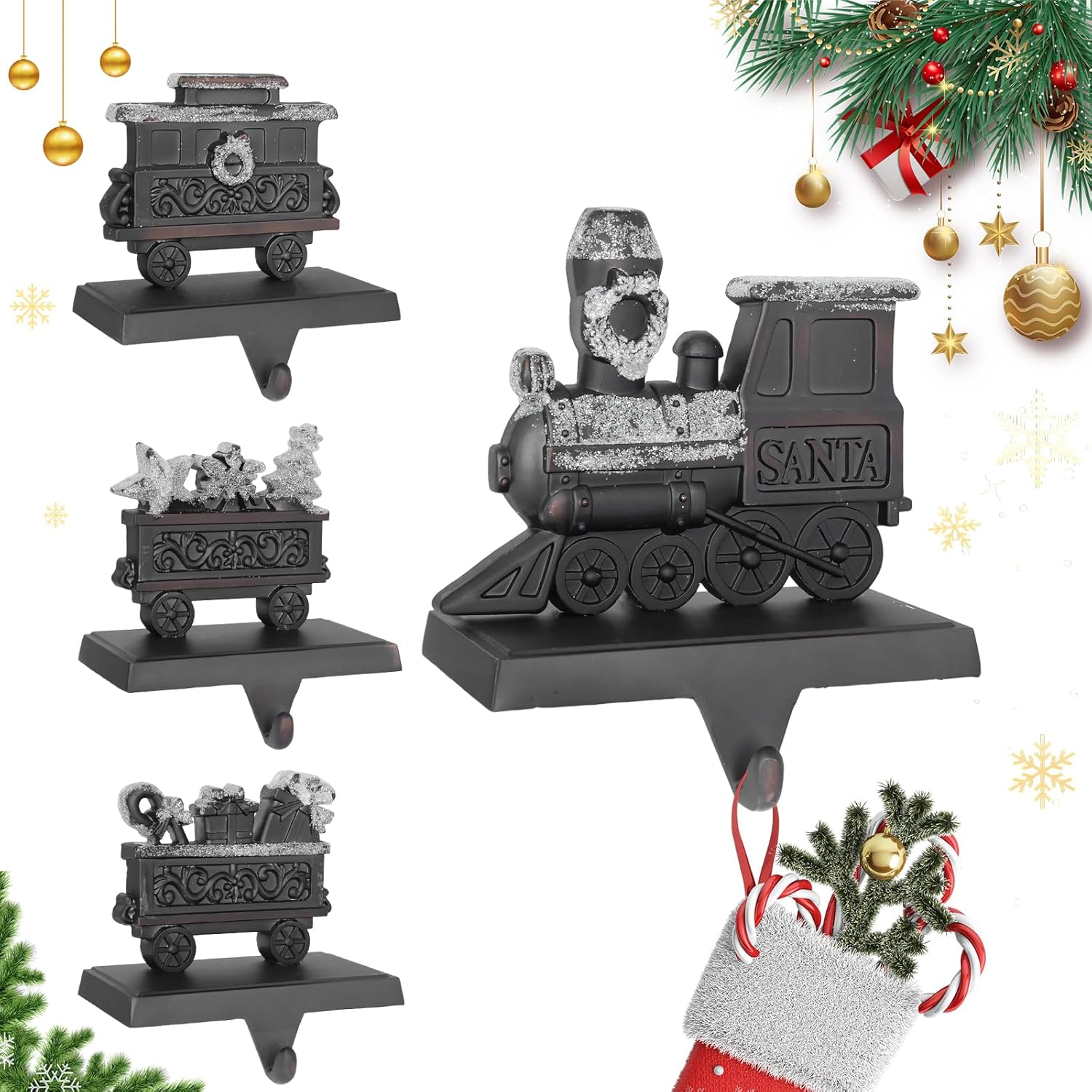 Set of 4 Heavy Duty Cast Iron Christmas Stocking Holders for Fireplace Mantle Vintage Christmas Train Stocking Hanger Bronze Xmas Stocking Hooks Hanger Fireplace Stocking Hooks