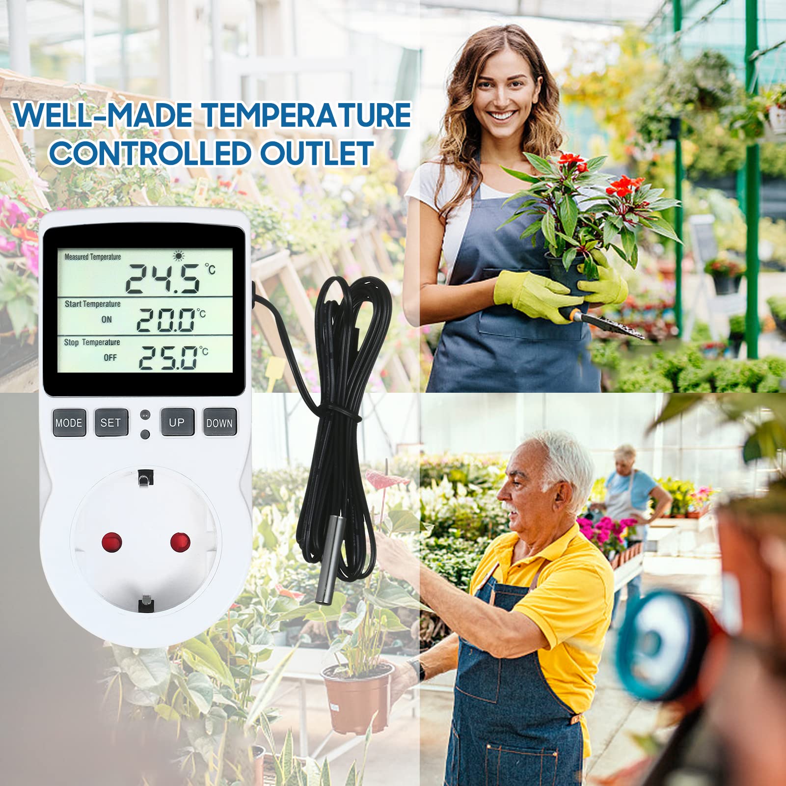 Termostato Digital, Weytoll Termostato LCD Enchufe de Salida Control de Enfriamiento de Calefacción para Terrario Acuario Reptiles Toma de Salida con Control de Temperatura con Temporizador y Sonda