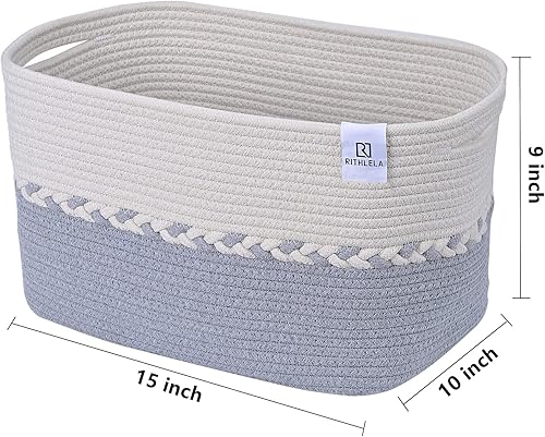 Miniatura 2 de Paquete de 3 cestas tejidas de 15 x 10 x 9 pulgadas, cestas de almacenamiento de cuerda de algodón para organizar contenedores plegables decorativos