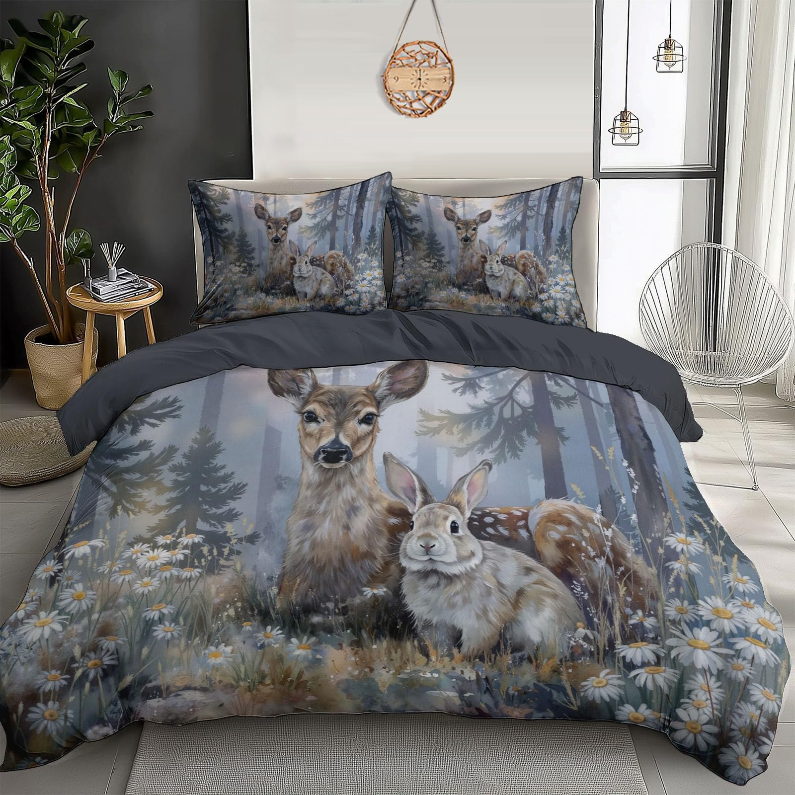 Parure de lit forêt cerf 140x200cm pour enfant avec 2 taies d'oreiller