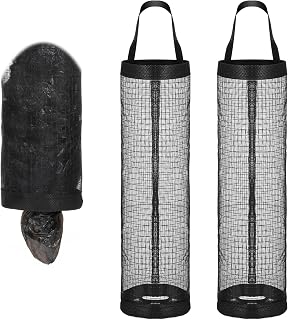2 PCS Plastic Bag Holder, Black Grocery Bag Holder Reusable Mesh Hanging Storage Bags Dispenser for Plastic Bags Recycling Grocery Pocket Containers for Home and Kitchen
