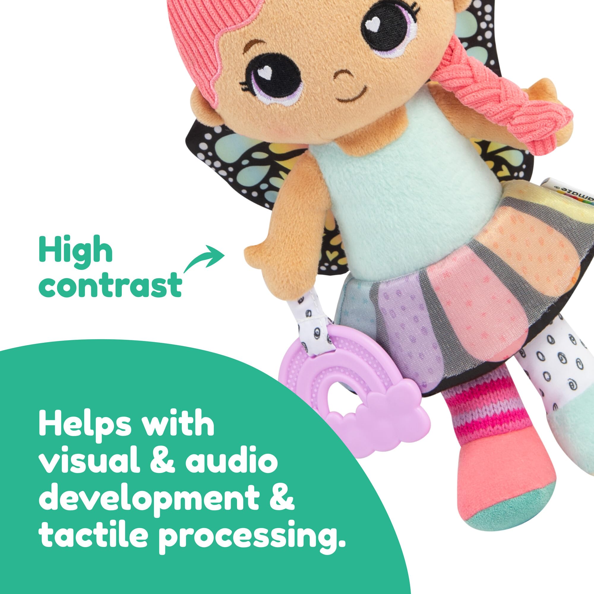 LAMAZE My Friend Flora Clip & Go Doll, Textured First Doll with Crinkle Skirt & Butterfly Wings, Rainbow Teether & Rattle - Image 2