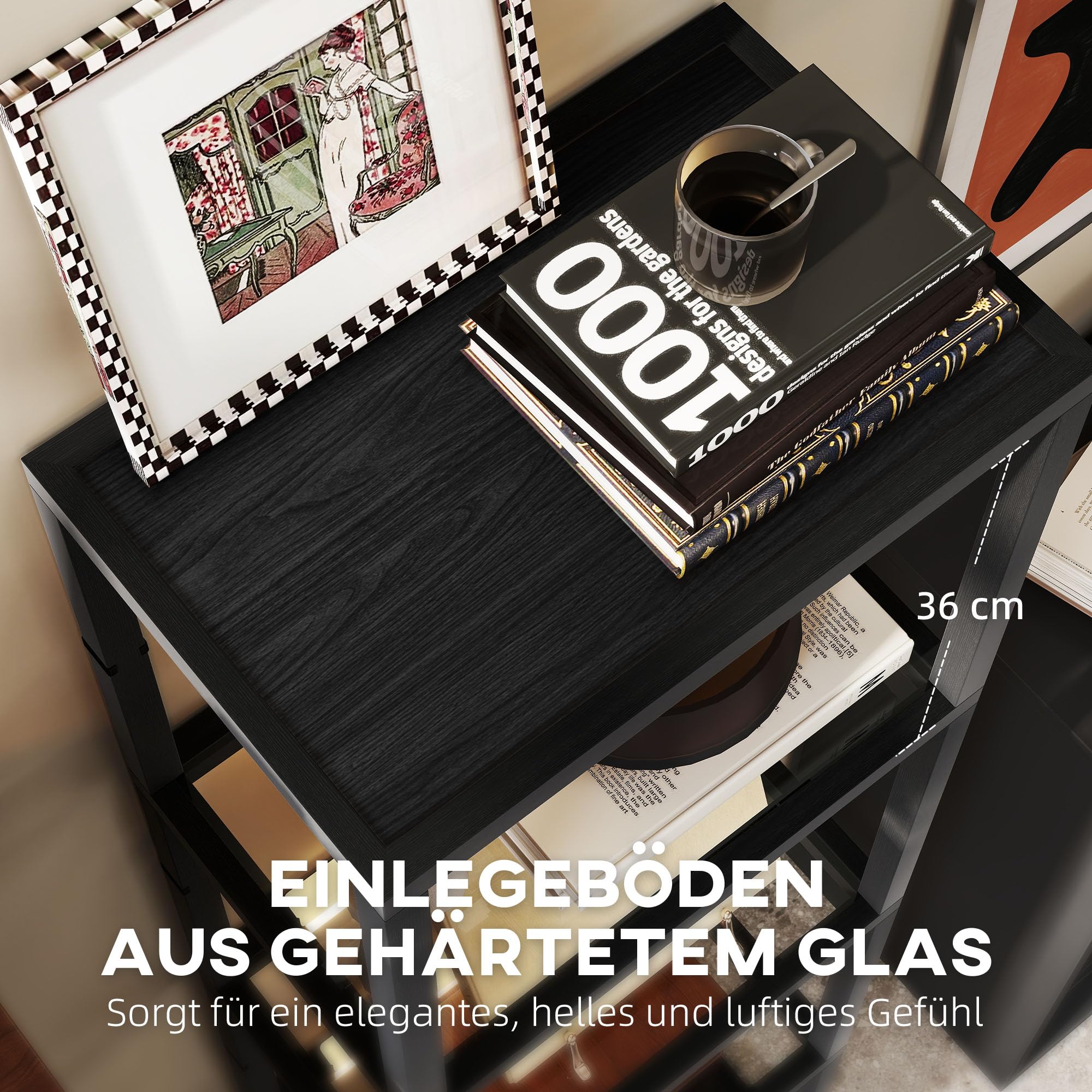 HOMCOM LED Stehlampe Wohnzimmer Dimmbar mit Glasregal 4 Ebenen Schwarz