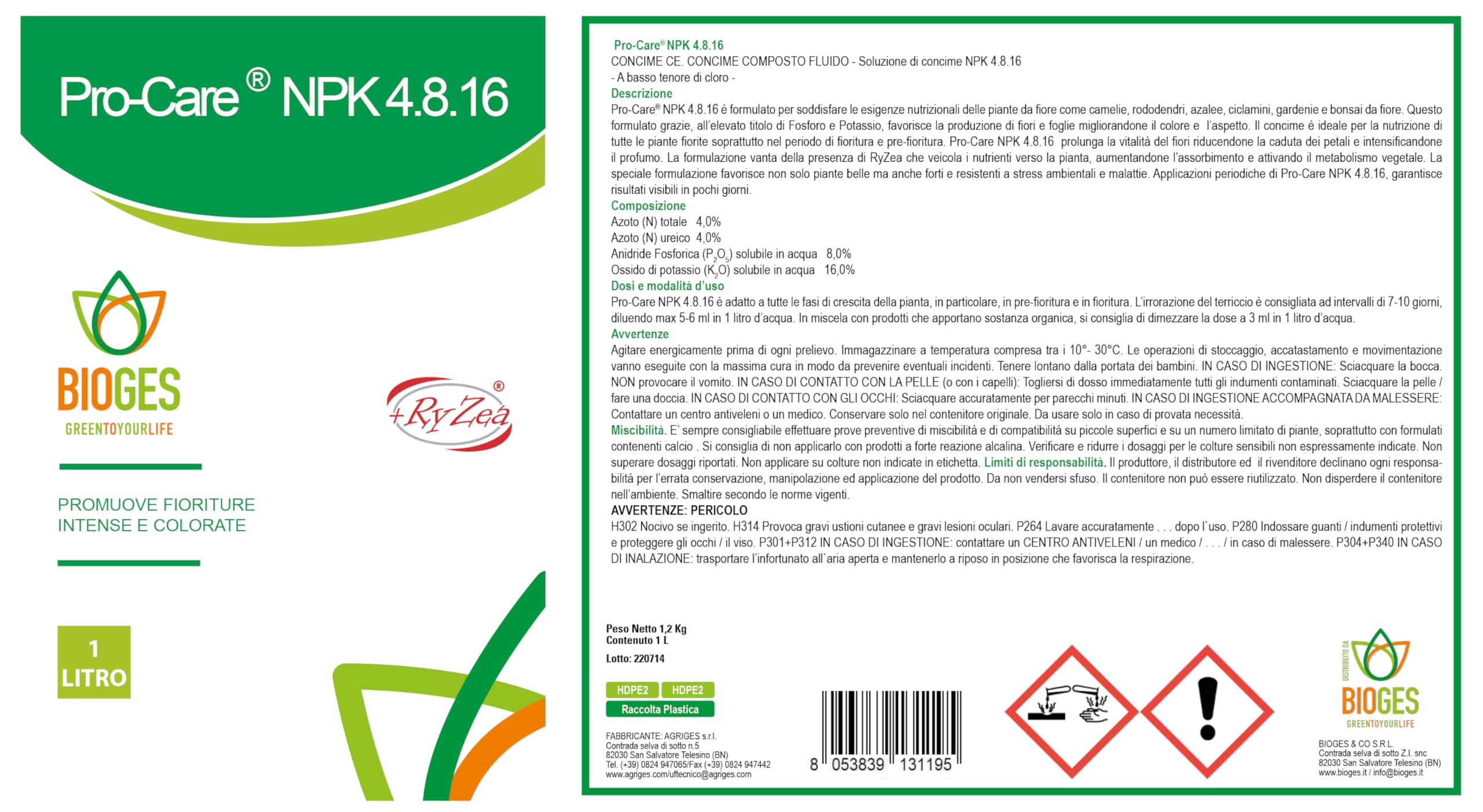 PRO Care NPK 4.8.16 da 1 LT- Bonsai- Concime Liquido NPK Ideale in Fase di fioritura e Pre-fioritura