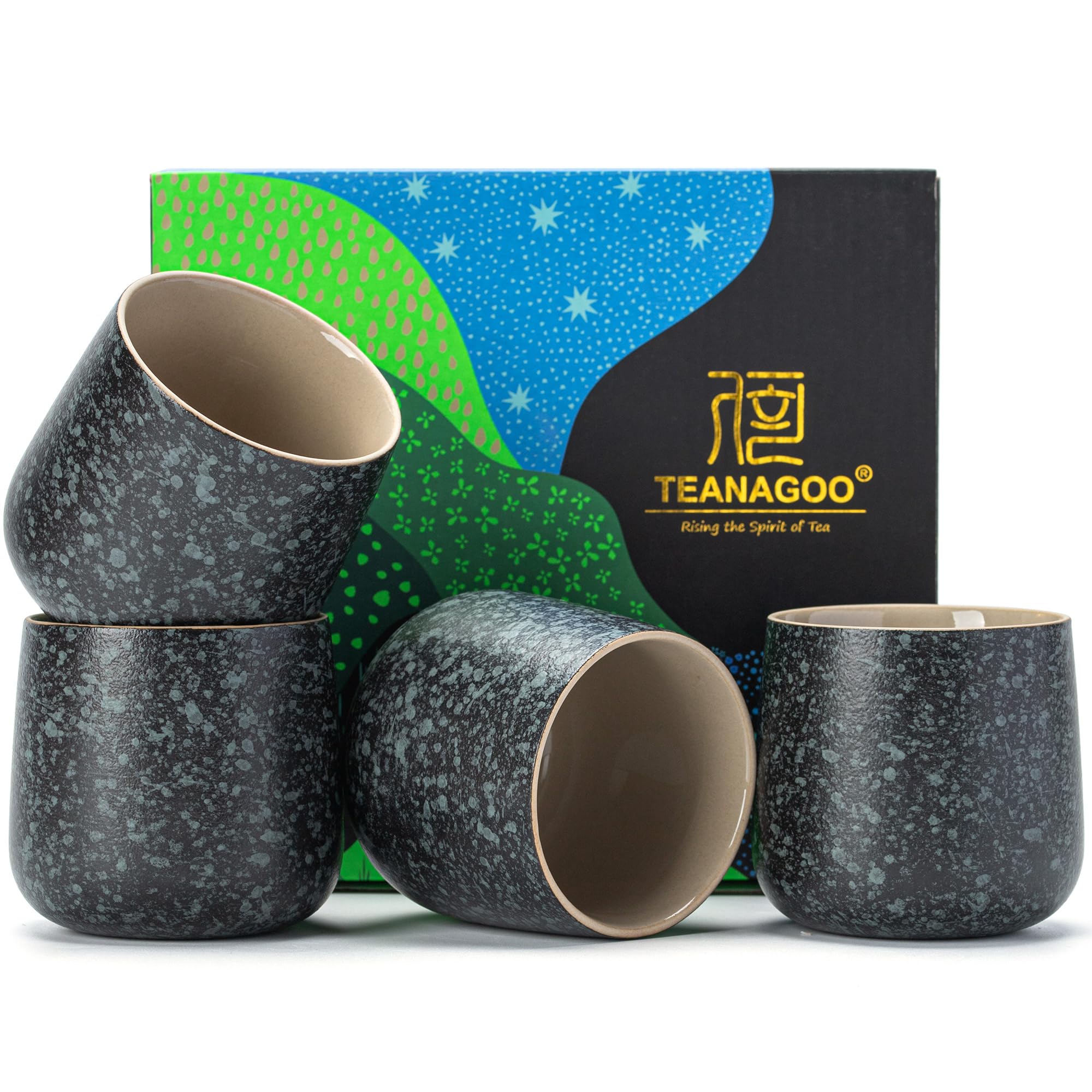 TEANAGOO Ceramic Japanese Tea Cup, 7.2Oz / 205 ml, Charcoal Grey, H17, 4 Pcs/Box, Asian Tea Cup Set