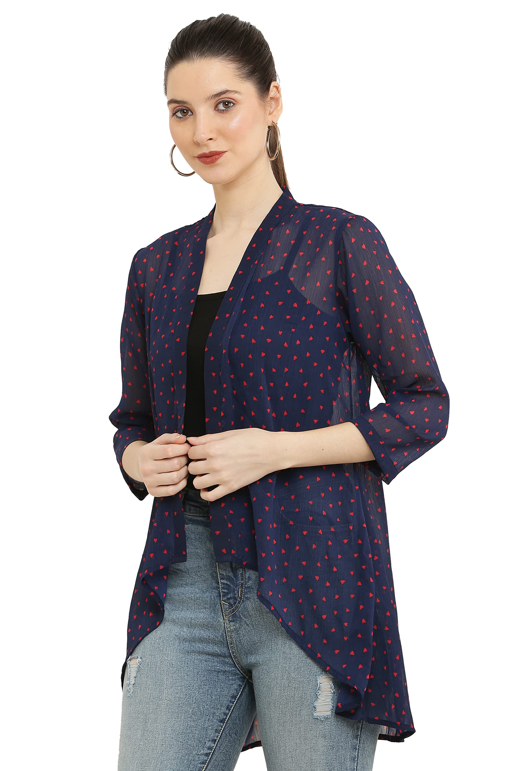 Craft DarbarChiffon Print Round Neck Long Shrug/Jacket/Cape For Women Ii ¾ Sleeve With Front Open Ii Medium Large (L, Blue)