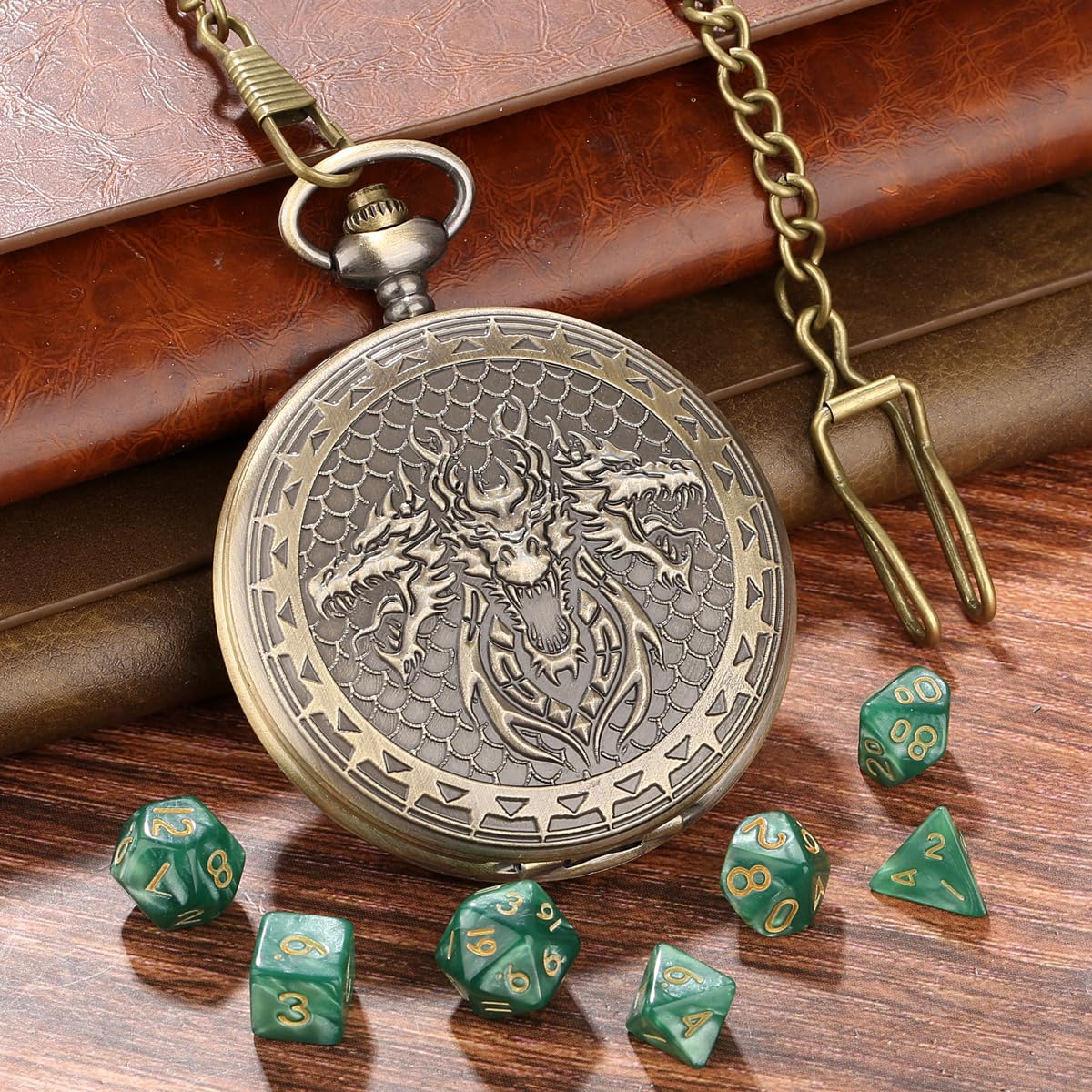 DND 3 Dragon Heads Pocket Watch Case, Mini Dice Set, 7pcs Polyhedral Acrylic Dice, Fantasy Game Set, D&D Starter Set - Image 4