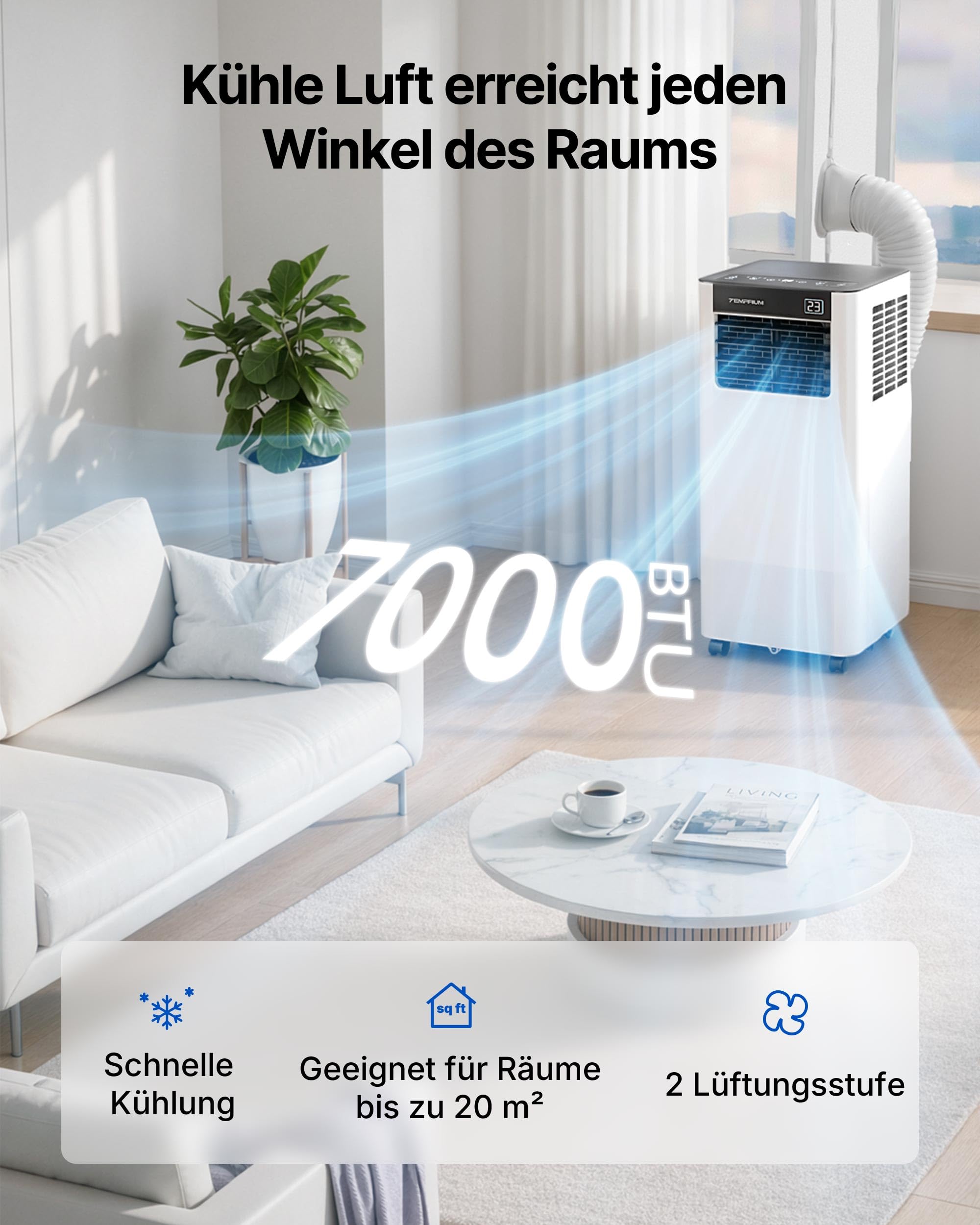 Mobile Klimaanlage 7000BTU 2,0Kw mit Abluftschlauch | 3-in-1 Mobiles Klimagerät | Fensterabdichtung | APP-Steuerung + Fernbedienung | Leiser Betrieb | 24h-Timer | Für Räume bis 20m²
