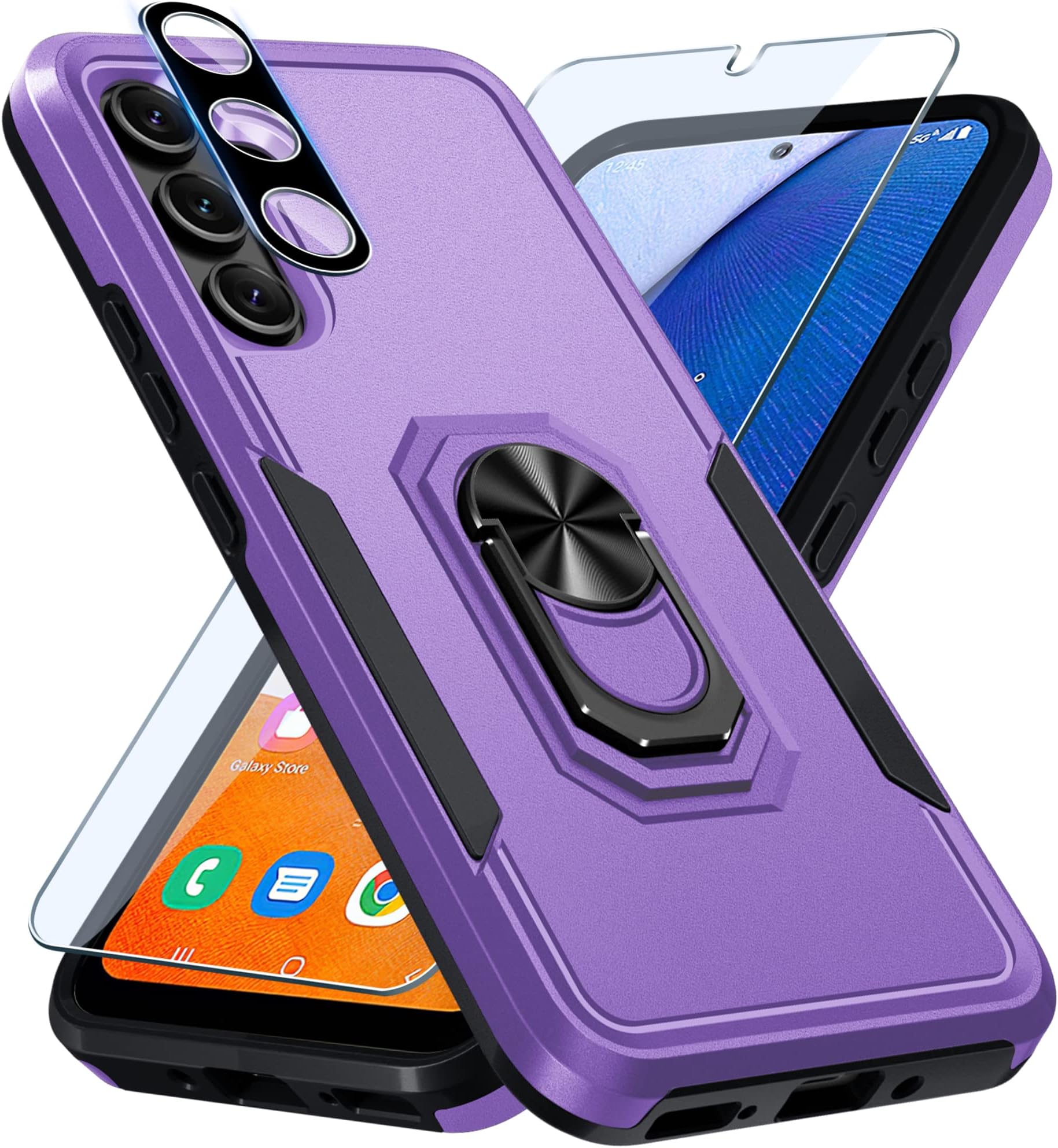 Janmitta Compatible with Galaxy A54 5G Case,with 1 Pack Screen Protector+1 Pack Camera Lens Protector,Shockproof Full Body Phone Cover,Built in Finger Ring Holder Kickstand,2023 Lavender