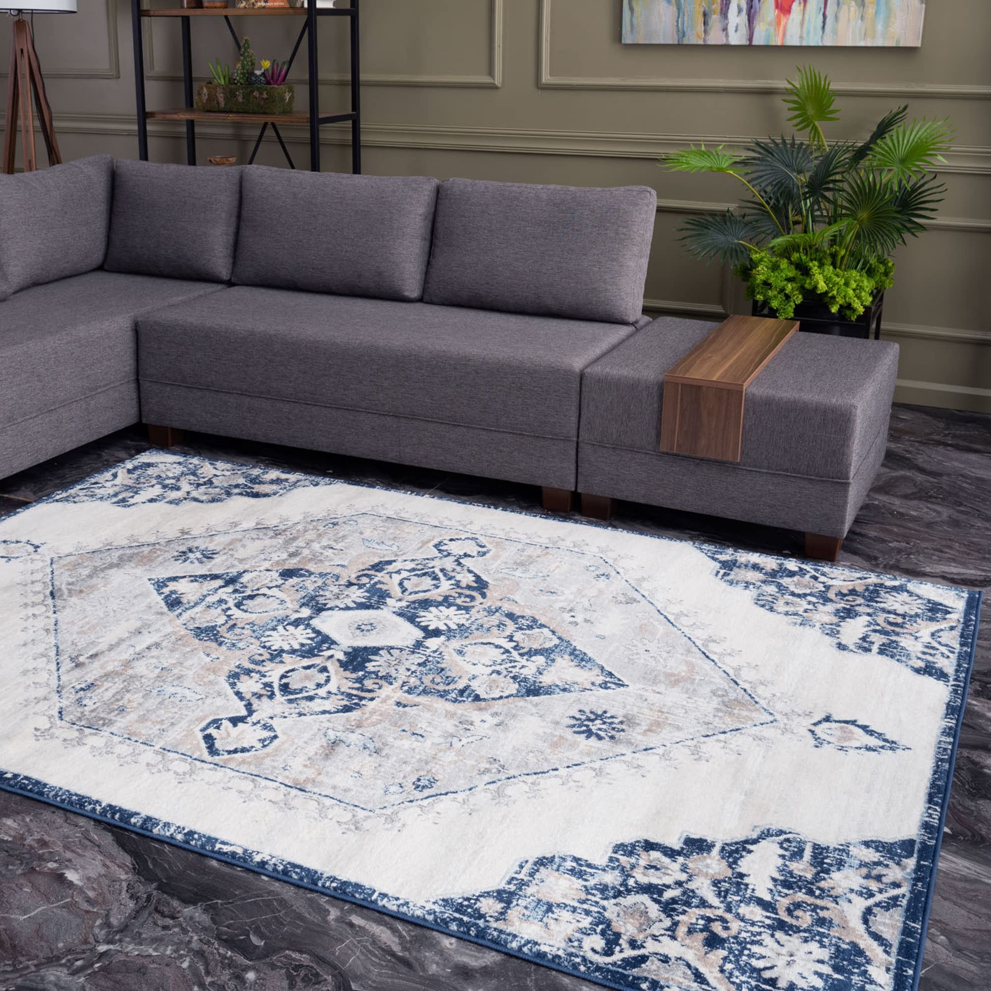 The Rugs Unisex Navy Montana Medallion And Cream Living Room Area Rug 4020 120Cm X 170Cm