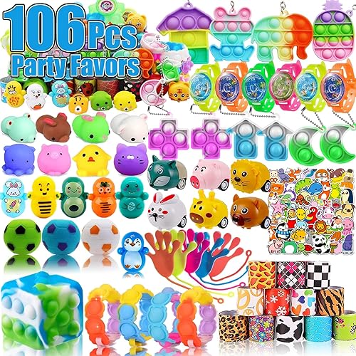 106 piezas de recuerdos de fiesta para niños, juguetes Pop Fidget Treasure Box, premios de aula, relleno de piñata, cofre del tesoro, caja de