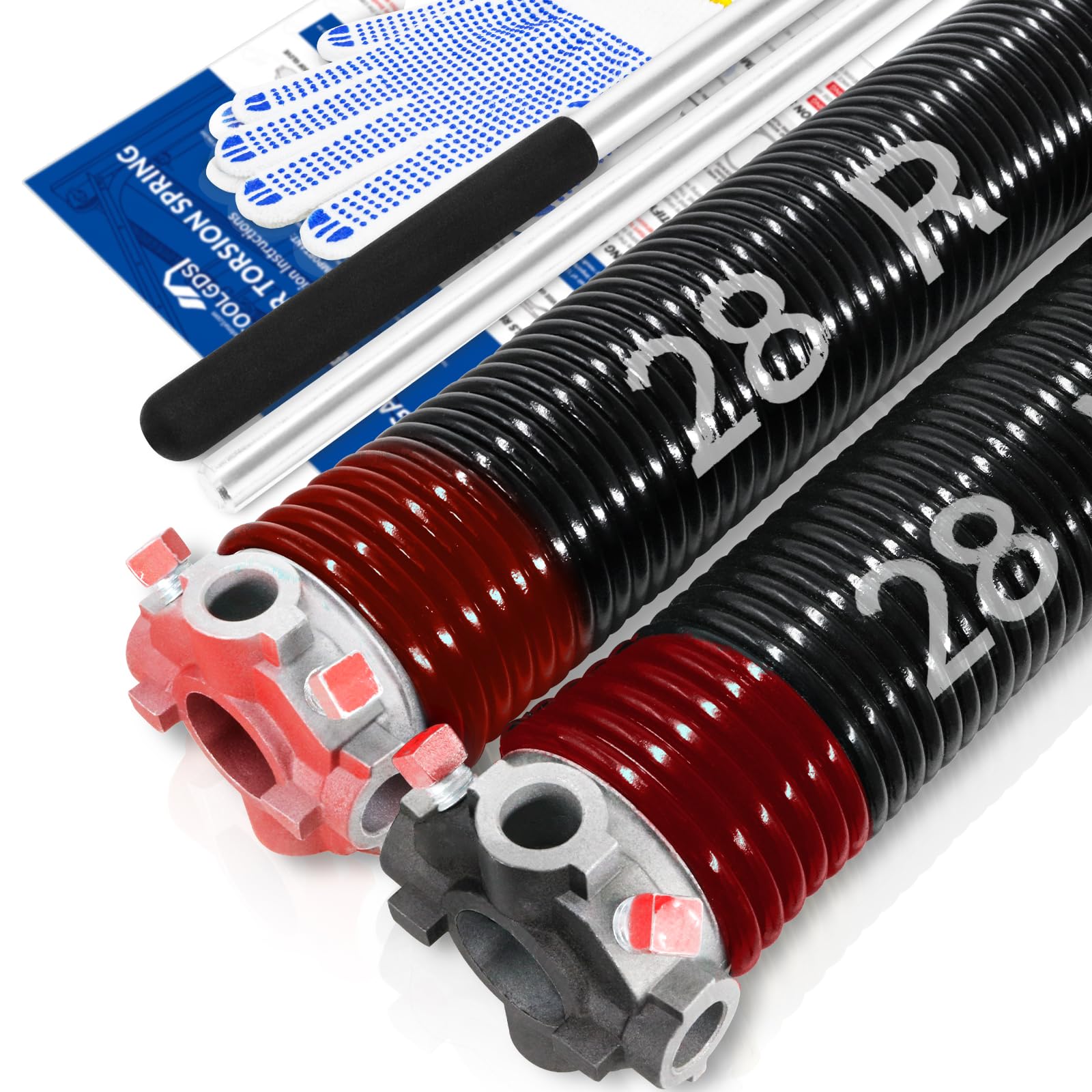 Pair of 2" Garage Door Torsion Springs Set with Non-Slip Winding Bars & Gloves, High Precision Electrophoresis Oil-Free Black Coated for Replacement, MIN 16,000 Cycles (0.225 x 2" x 28'')
