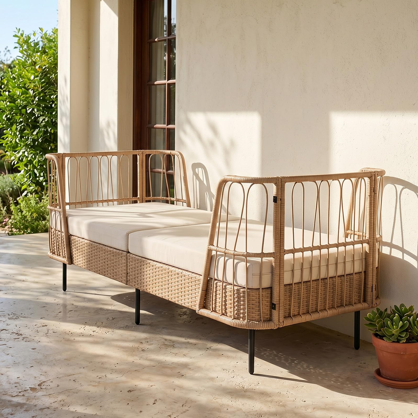 COSTWAY Rattan Lounge Sofa, Lounge Möbel Outdoor, Gartenlounge | Gartenliege mit Kissen, Daybed Wetterfest, Polyrattan Gartenmöbel, Balkonmöbel Kleiner Balkon