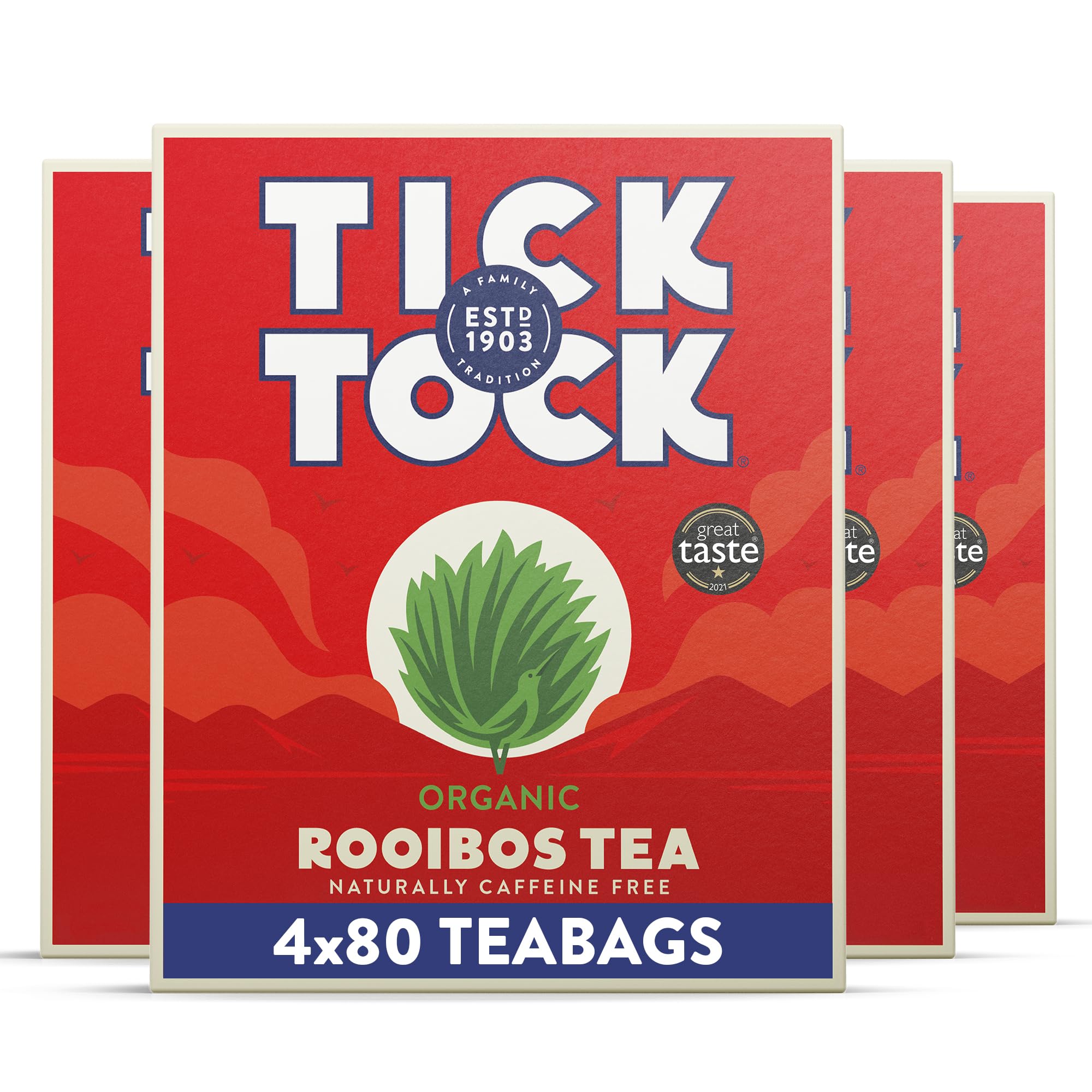Tick Tock Organic Rooibos Tea, Pack of 4 x 80 tea bags (320 bags), Naturally Sweet Caffeine-Free Herbal Bio-Degradable UK Redbush Tea