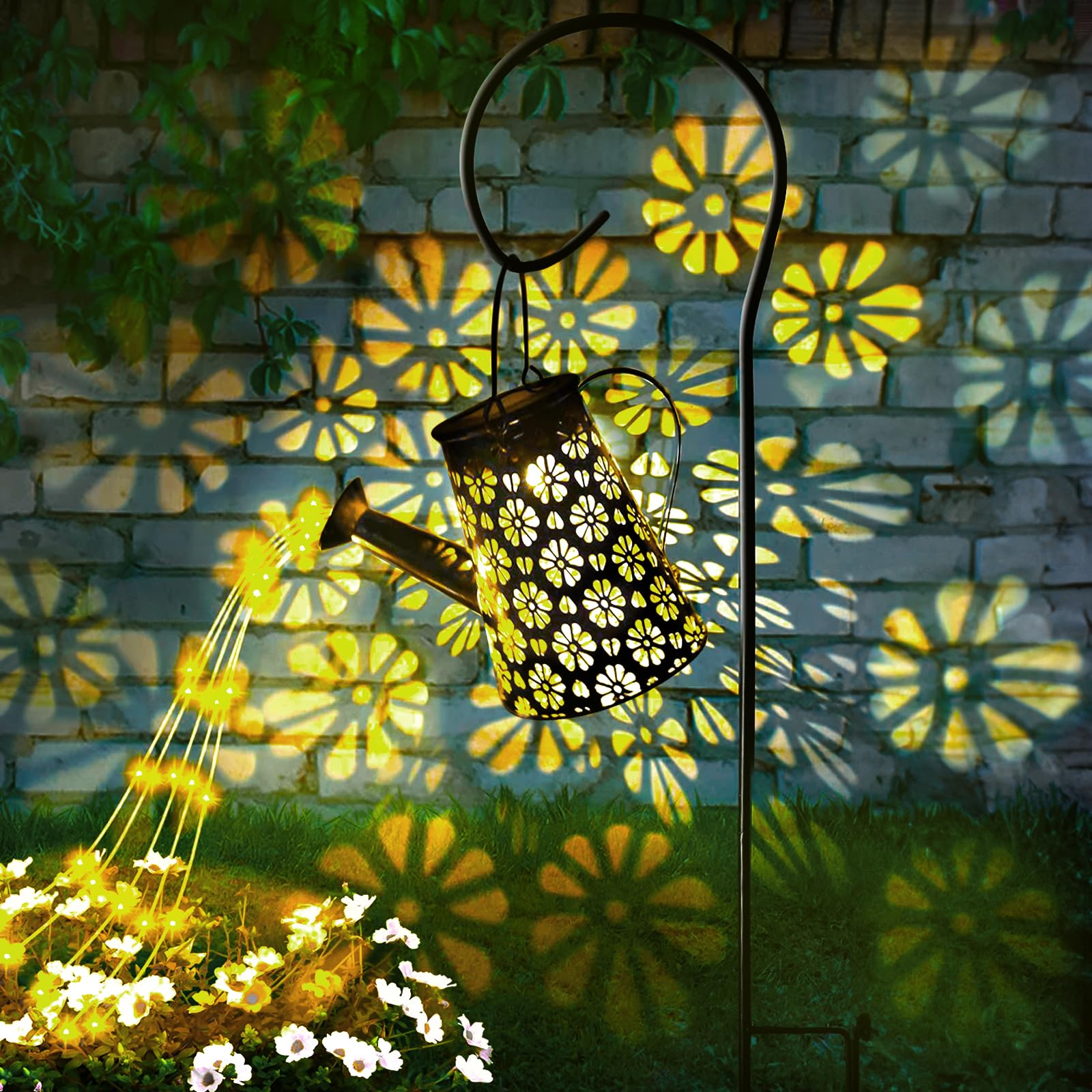 BBLTIFF Solar Giesskanne für Außen, Gießkanne Solar mit Wasserfall, Wasserdicht Außen Gießkannenlicht Lichter mit Schäferhaken, Gießkanne Lichterkette für Außen, Patio, Blumentopf und Rasen