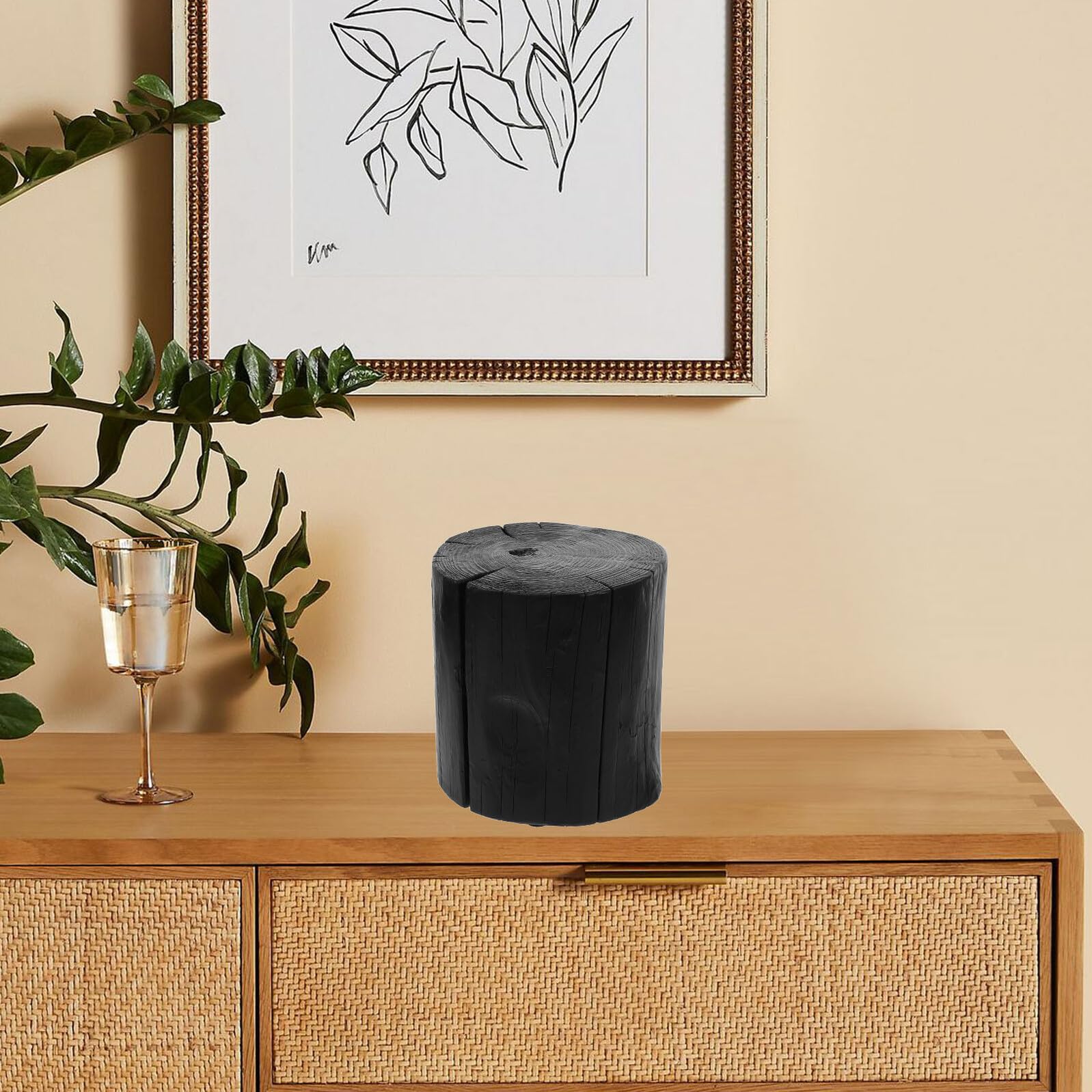 TOYANDONA Tabouret D’Appoint en Bois Massif Noir Carbonisé Tabouret Rond 20 CM Hauteur Porte-Plantes et Table de Chevet Polyvalente Meuble Décoratif Naturel pour Salon et Chambre