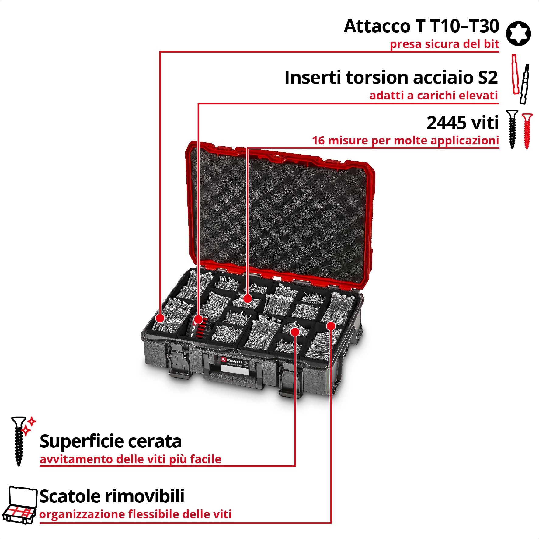 Einhell E-Case 2445 pezzi set di viti | Viti universali | T10-T30 | testa svasata | lunghezza 20-120 mm | valigetta di sistema | incl. set di 10 inserti a impatto