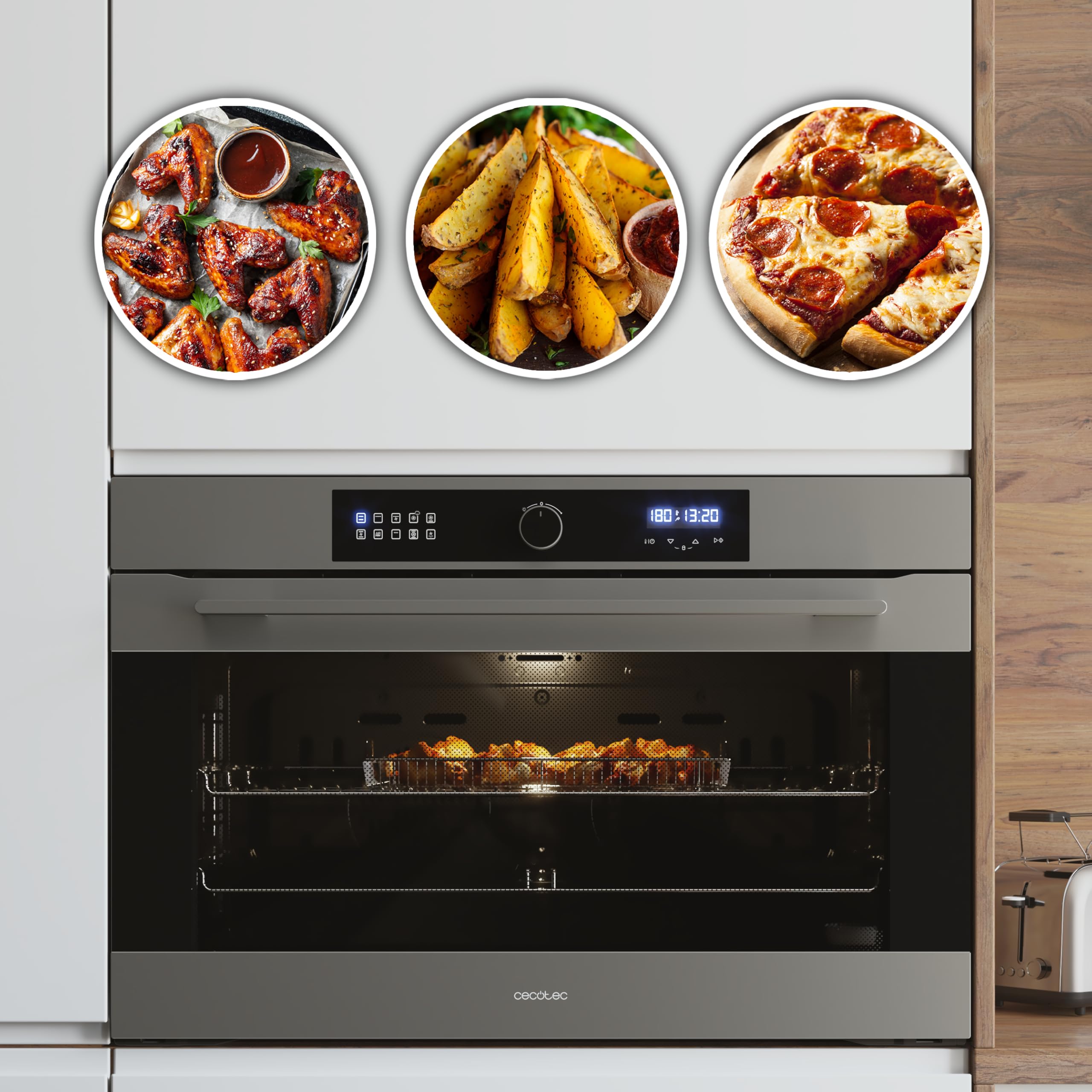 Cecotec Einbaubackofen Multifunktion Bolero Hexa AF319000 Inox A 3800W, 133L Kapazität, 11 Funktionen mit Airfryer Master, Pizza Master, Steam Asisst, Steam EasyClean, 3D Cooking, Defrost