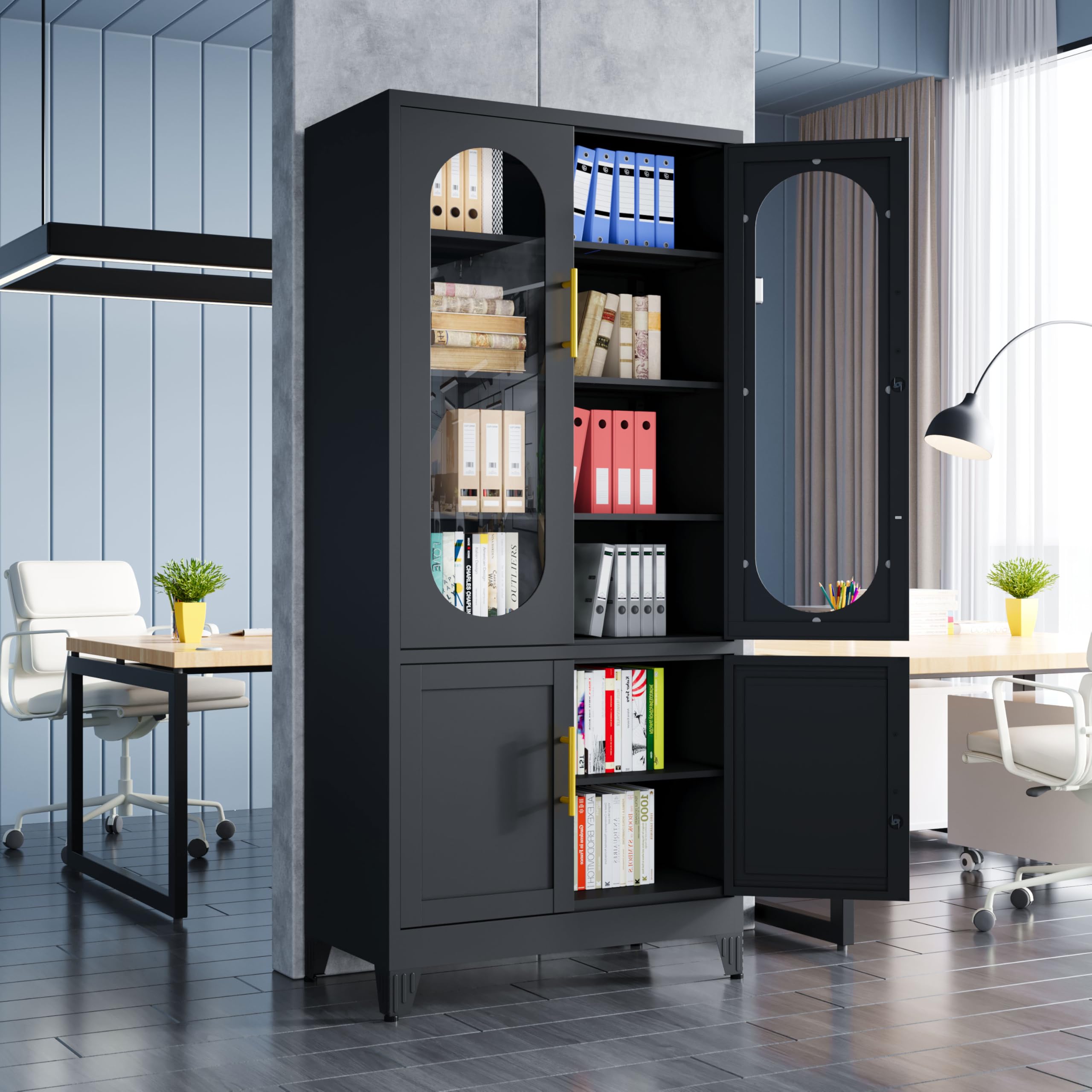 pozdeg Black Tall Pantry Cabinet with Glass Doors, 71" Metal Steel Locking File Cabinet with 4 Adjustable Shelves, Lockable Tool Cabinets for Office,