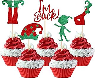 Xsstarmi 30 Pack Christmas Elf Cupcake Toppers Green Red Glitter Santa Hat I\'m Back Elf Legs Cupcake Picks for Merry Christmas New Year Holiday Birthday Party Cake Decorations Supplies