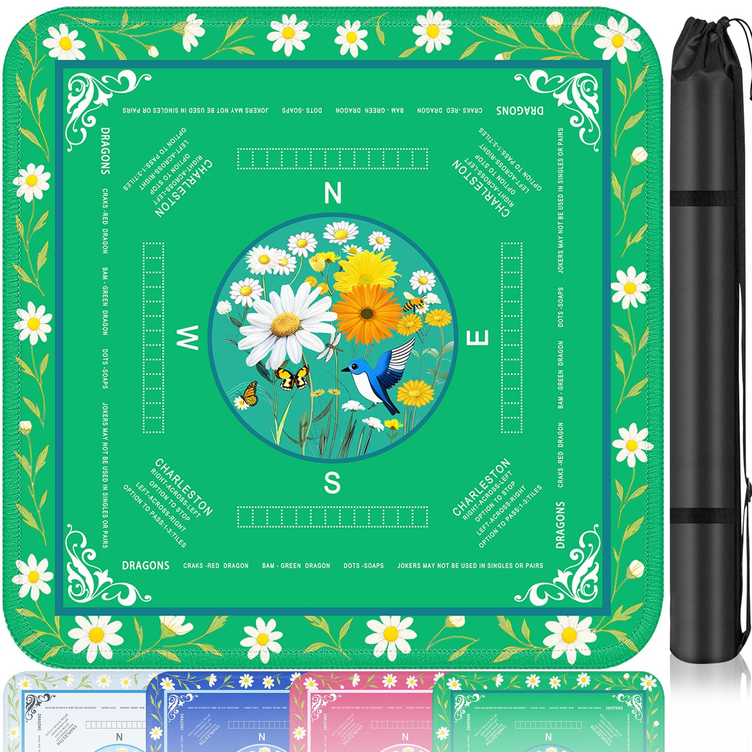 Crease-Free Mahjong Learning Mat 33.1" x 33.1", American Mah Jongg Mat with Rules, Quiet Non-Slip Large Mahjong Table Cover, Floral Gaming Mats for Mahjong, Poker, Dominoes & Board Games (Fresh Green)
