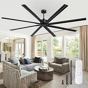 ZMISHIBO 96 Inch Industrial DC Motor Ceiling Fan, Large Ceiling Fan with 8 Reversible Blades, 3 Downrods, 6-Speed Remote Control, Home or Commercial Ceiling Fans for Porch/Garage/Shop, Black