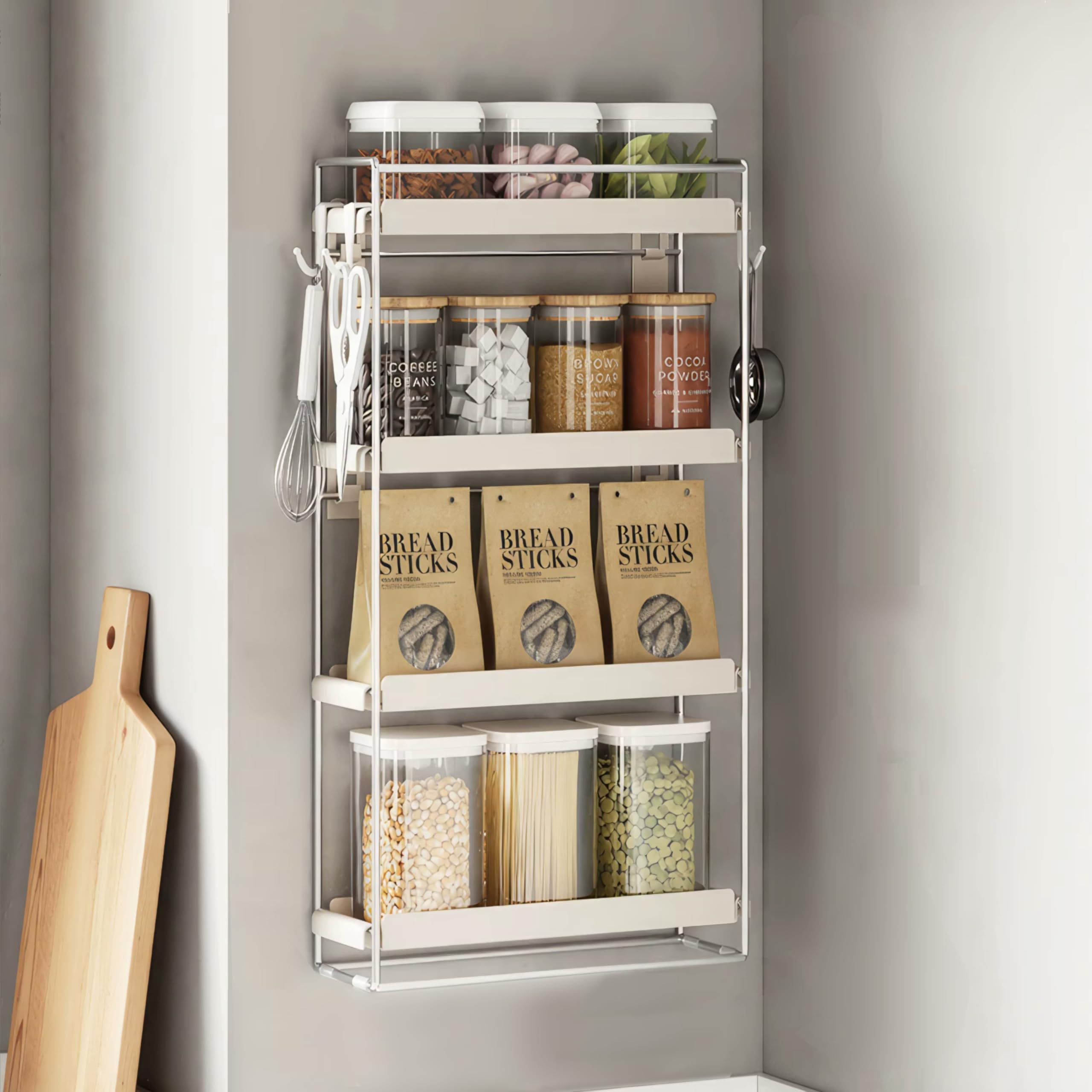 Novatta Wielopoziomowy regał na przyprawy z 3 haczykami, bez wiercenia, ze stali węglowej – wolnostojący lub wiszący na ścianie, regał kuchenny do kuchni, jadalni lub spiżarni, metalowo-szary