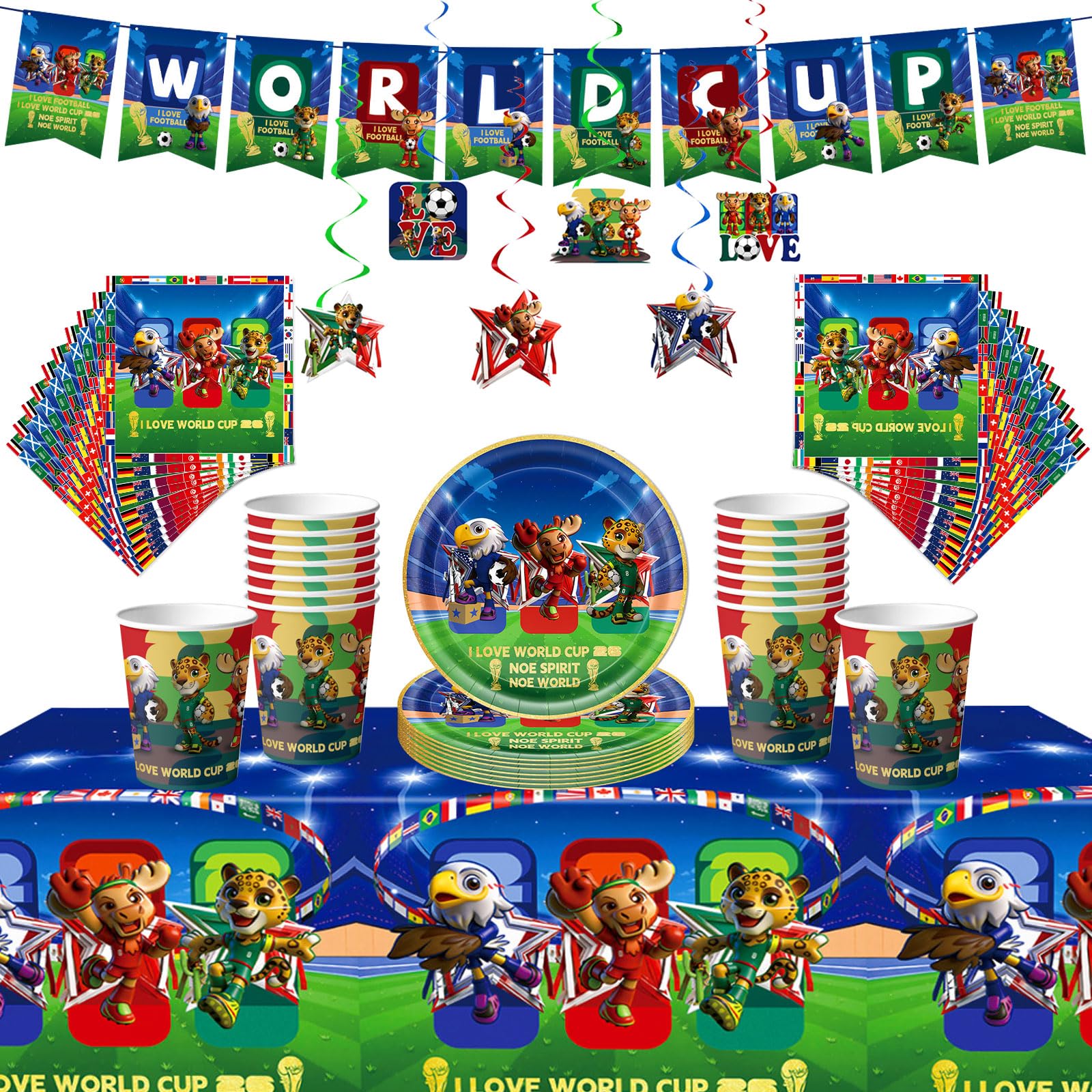 54Pcs World Cup Party Tableware Decorations,Soccer Sports event Cartoon Decorations Table Cloth,7'' Paper Plates,Banner,Paper Napkins for Football Birthday Sports World Cup Theme Table Party Supplies