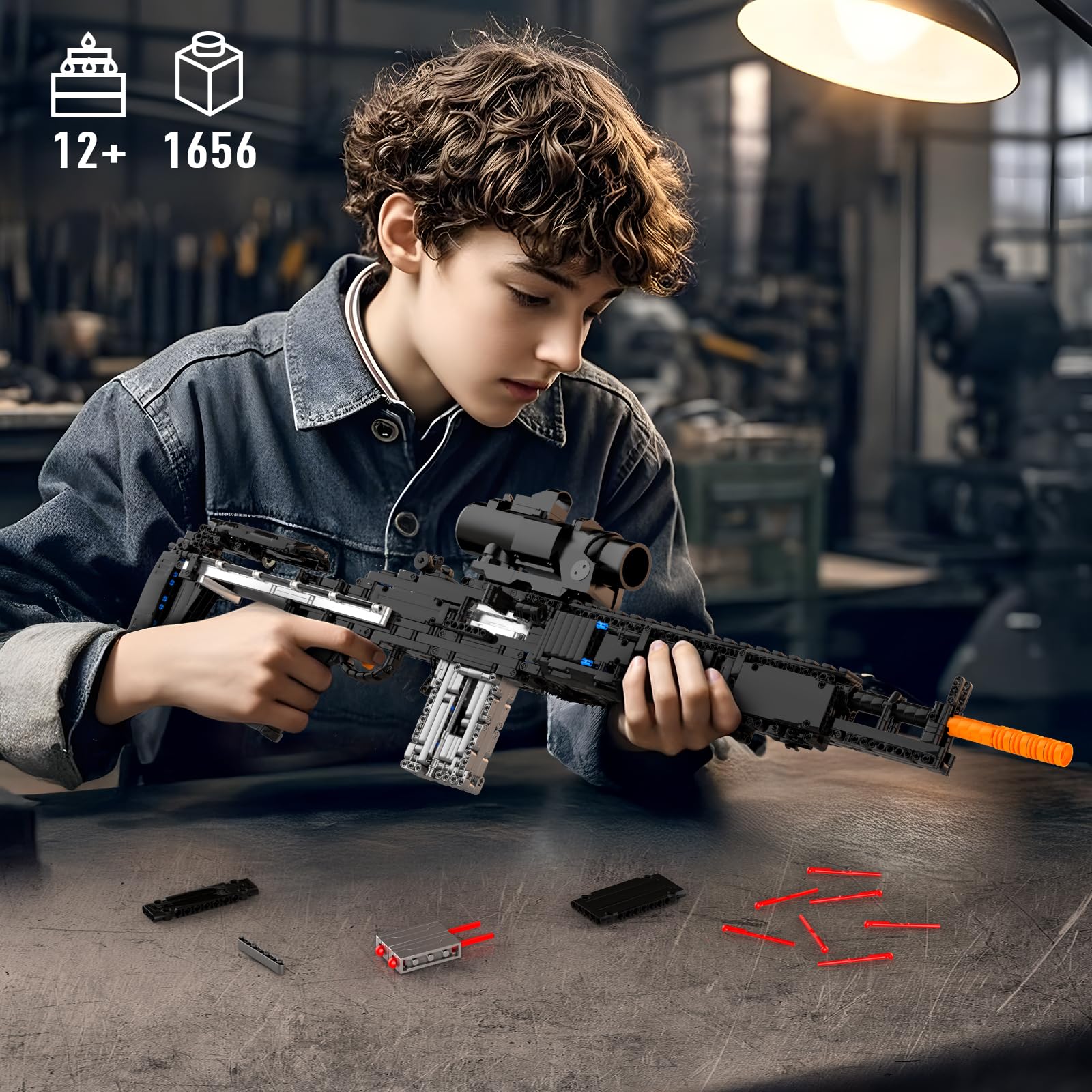 Mould King Modellino di pistola MK14 in scala 1:1 con capacità di sparare - 14026 militare - Kit di montaggio per adulti a tema militare Un regalo giocattolo da collezione ideale per giovani ragazzi e