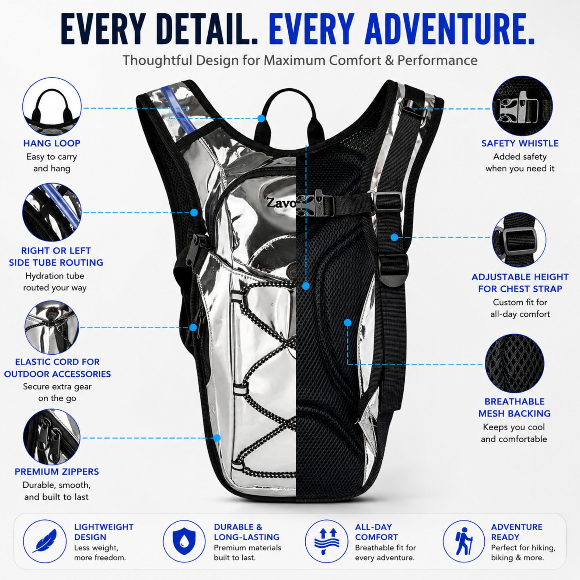 Zavothy Zaino da idratazione leggero per rave per ciclismo, corsa, zaino per idratazione zaino da trekking con sacca d'acqua da 2 l, argento