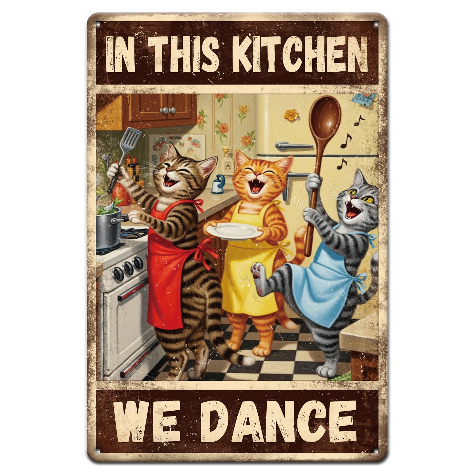 GLOBLELAND Dancing Cat Kitchen Metal Tin Sign 8x12in "We Dance" Vintage Painting Tin Signs Wall Poster Plaque for Kitchen Dining Room Living Room Café Cat Lover's Space Home Decor