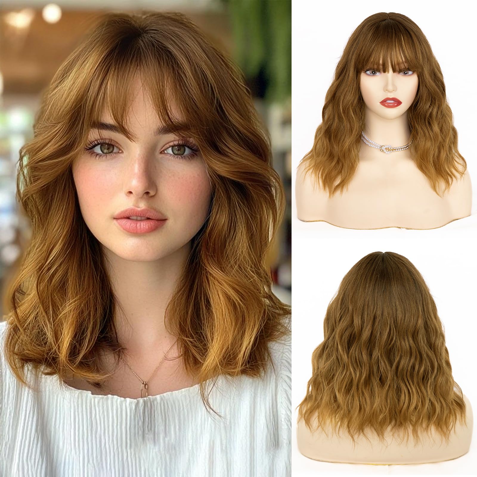 NAYOO Light Brown Wig with Bangs, 14 Inch Bob Wig with Bangs for Women, Shoulder Length Short Wig, Glueless Short Wig, Synthetic Hair Wig Cosplay Wig