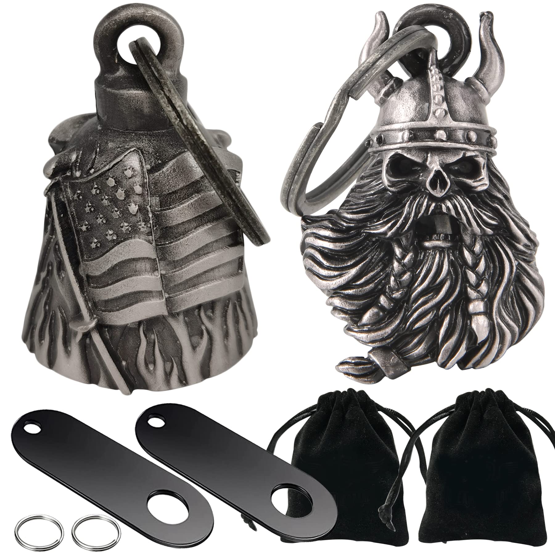 Dream Apparel 2 Pack Motorcycle Bells Guardian Angel for Biker Rider Men Women Ride Riding with Hangers, Drive Away Gremlins, Us Flag + Viking Skull W/ Helmet, One size