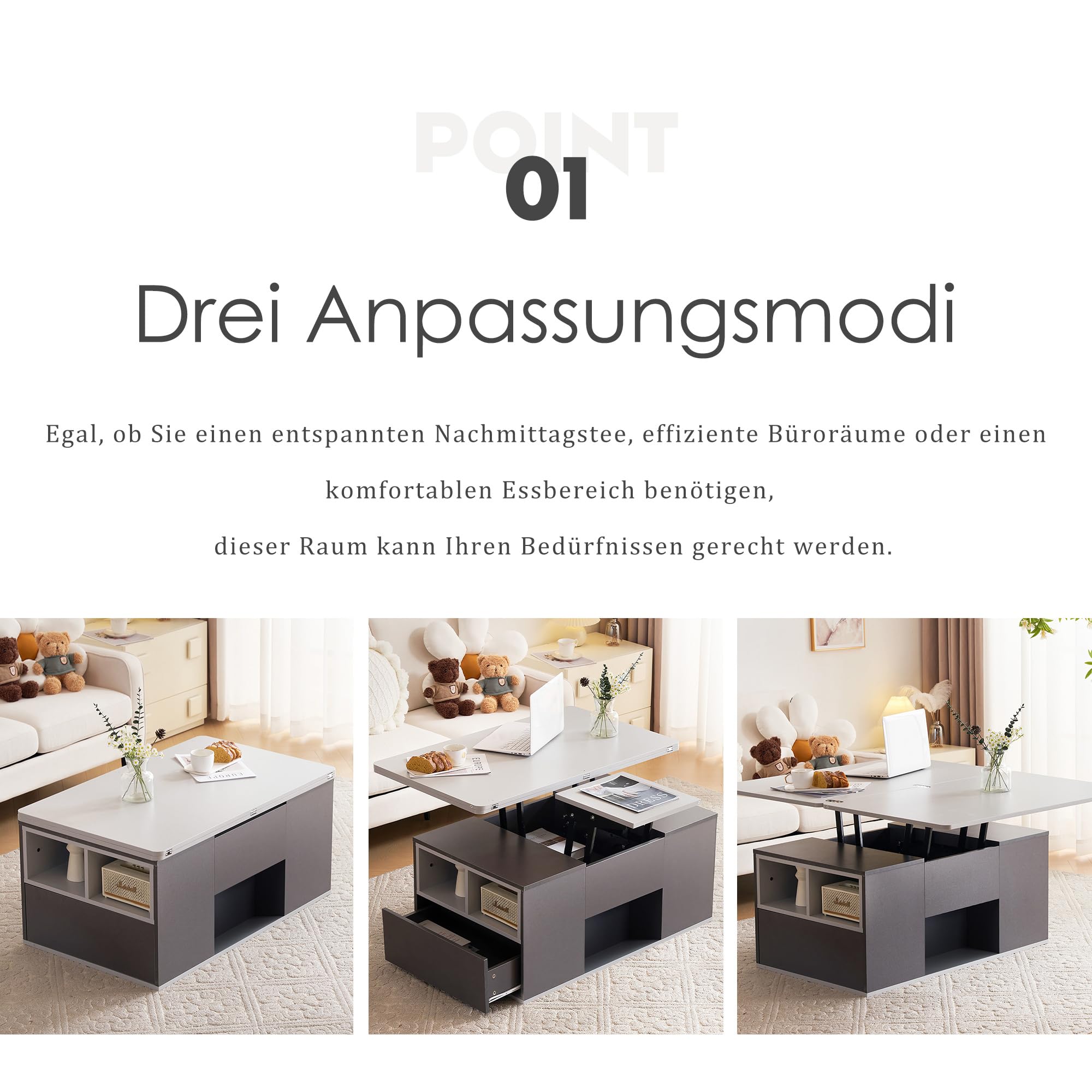 Mesa de Centro Multifuncional Elevable - Se Abre a 2 Mesas, Gran Capacidad, Muebles de Salón Modernos, Comedor de Oficina, Ocio (Gris Oscuro+Gris Claro)