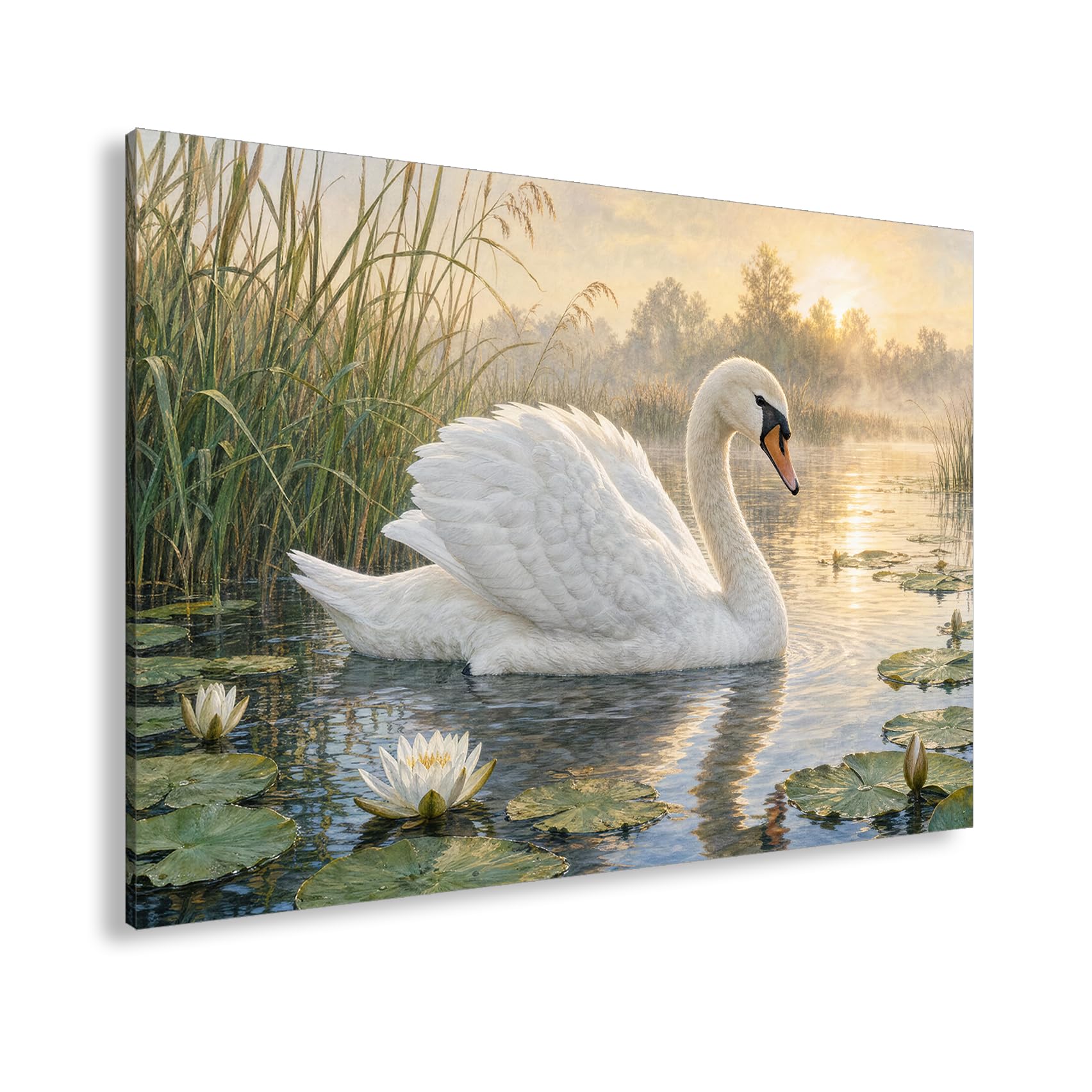 deyoli Obraz na płótnie łabędź pływa w jeziorze z liliami wodnymi 80 x 60 cm kolorowy