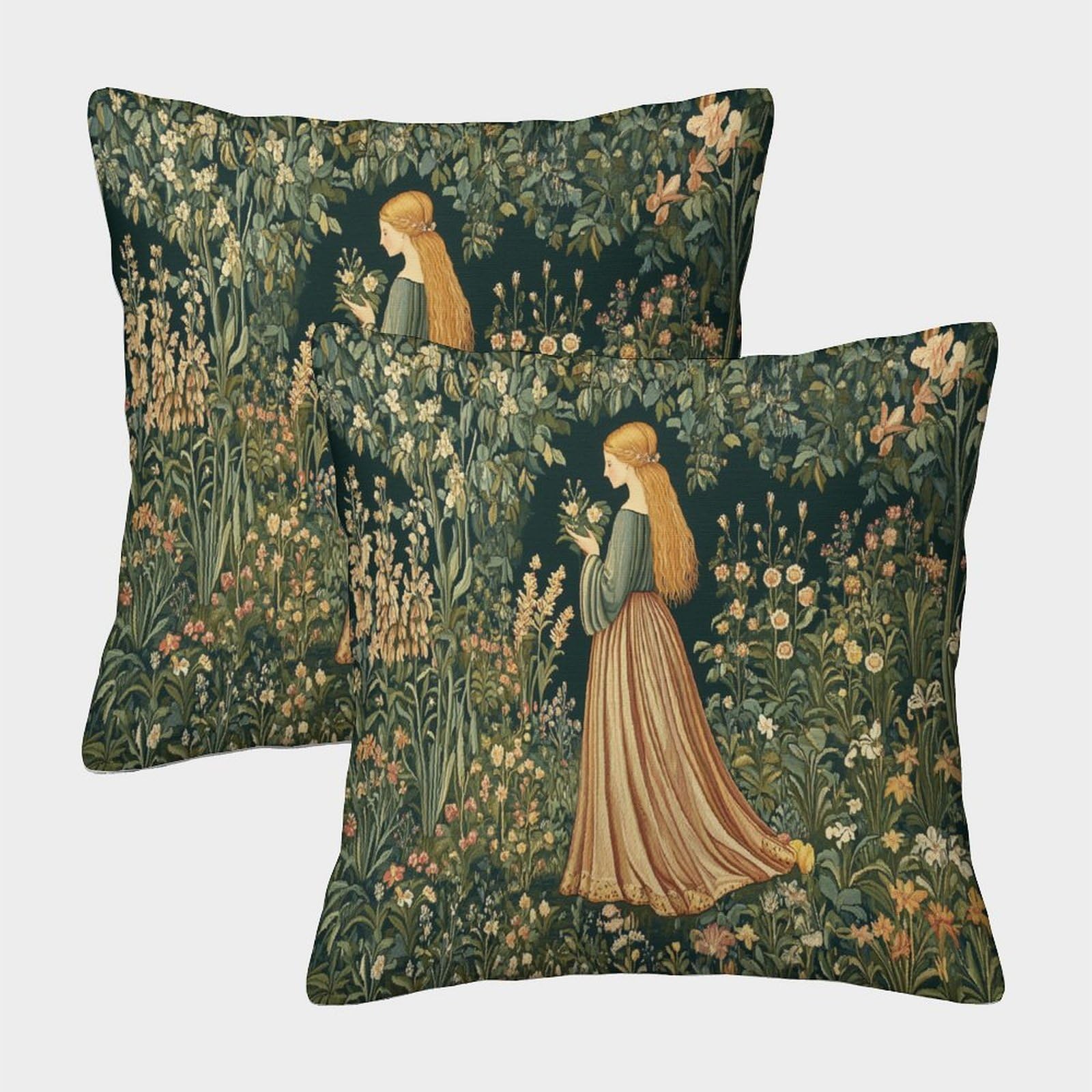kaiyun 2 Pack 45x45cm Pillow Cases,Medieval Woman Decorative 3D Printed Dark Green Garden with Grass And Flowers Cushion Cover,sofa Bed Decorative Cushions