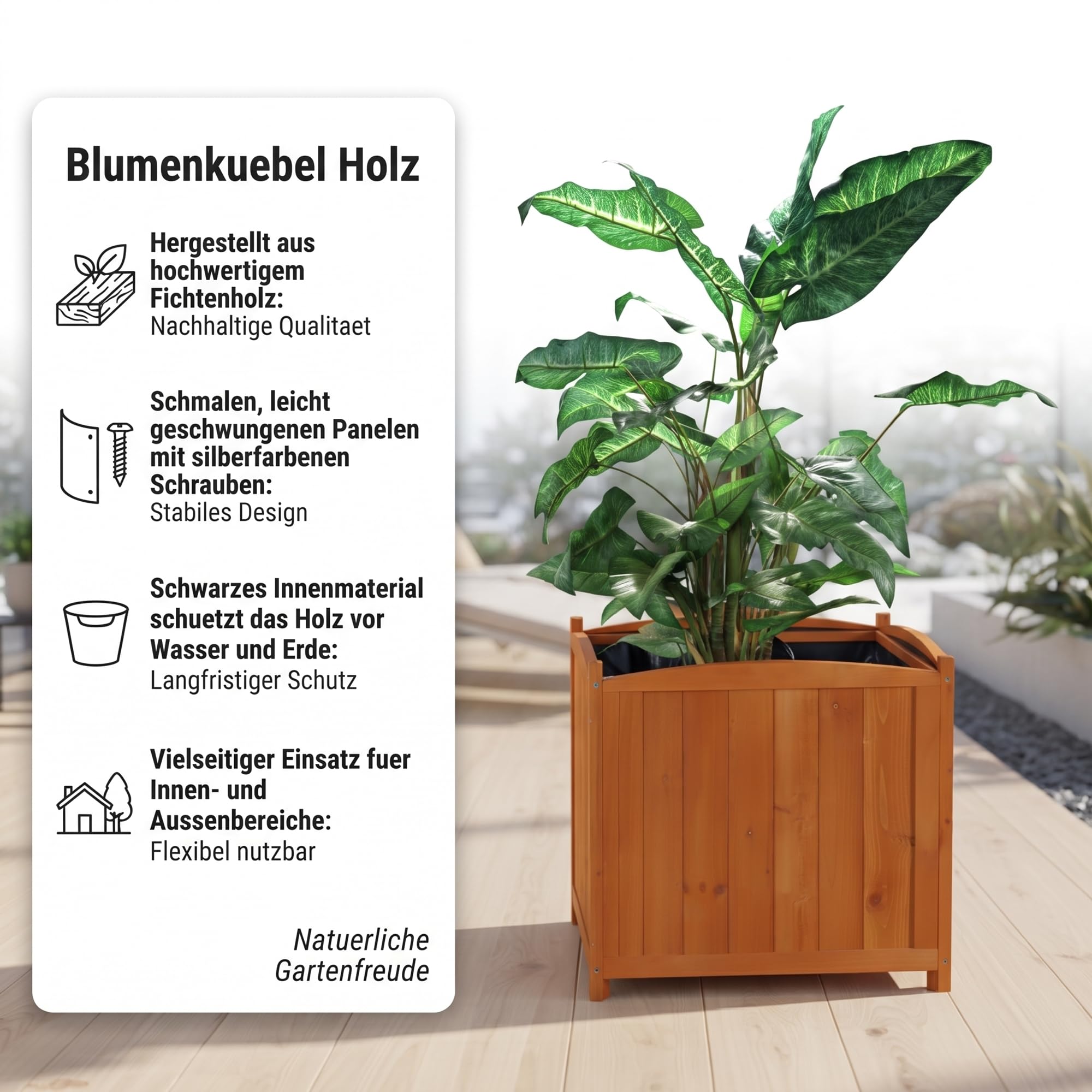 Mucola Blumenkübel Pflanzkübel Holz eckig 50 cm inkl. Pflanzfolie Braun | Für Blumen, Sträucher und Gemüse, geschwungene Abschlüsse mit silbernen Nägeln im Country-Look, auch für Innenhöfe geeignet