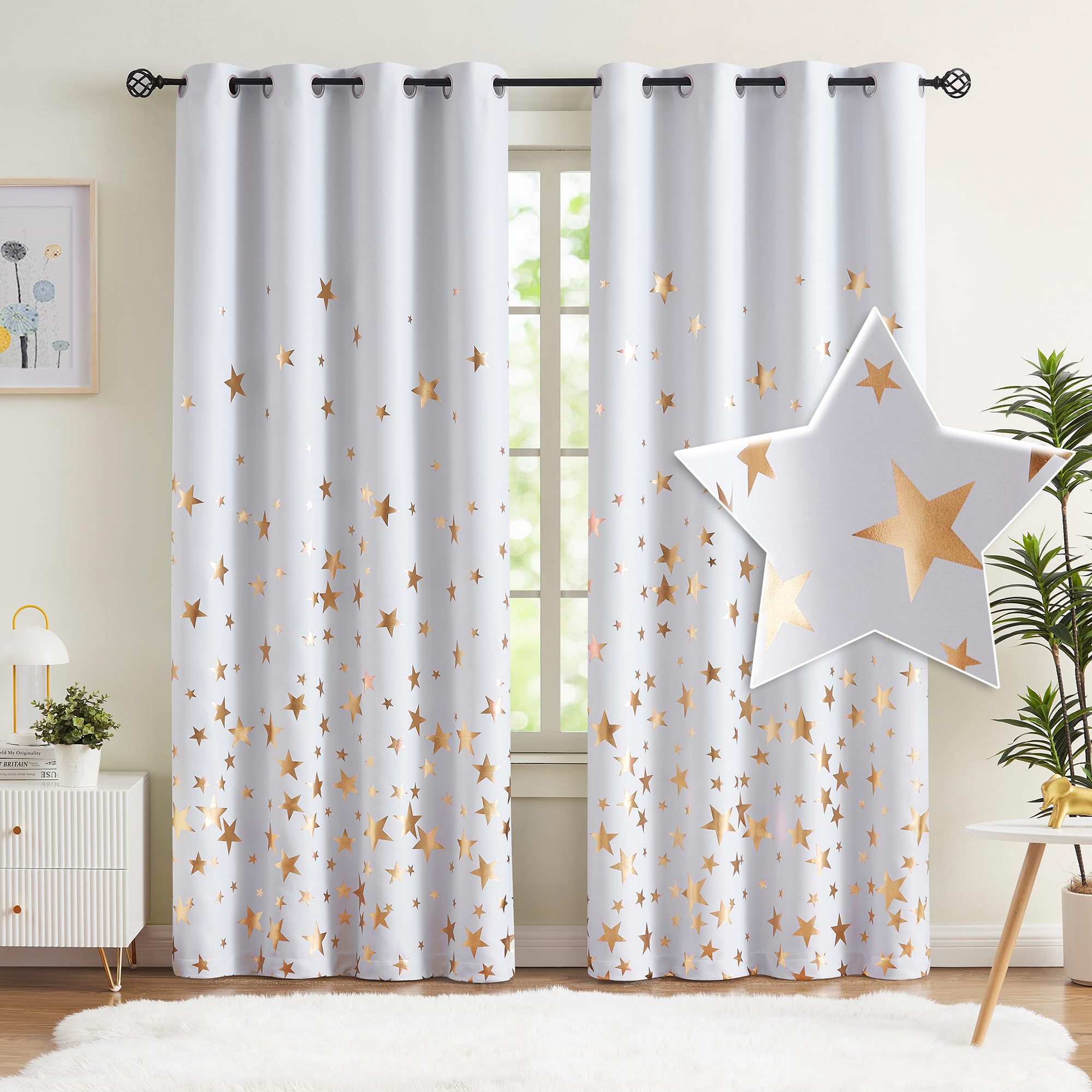Treatmentex White Gold Blackout Curtains for Living Room 90 inch Drop Eyelet Curtains for Bedroom Star Pattern Foil Thermal Insulated Window Curtain Panels 2 Panels