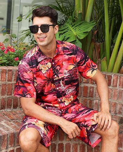 Vista 3 de MRIGNT Men's Hawaiian Shirt and Short, 2 Piece Vacation Outfits Sets Short Sleeve Shirt Beach Casual Button Down Shirts Suits