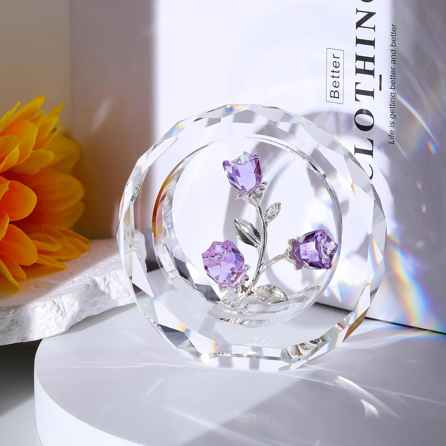 Purple Rose Flower Crystal Figurine with Vase - Bouquet Flowers Ornament Gifts for Wife Girlfriend Women - Handmade Crystal Flower Collectible Home Table Decor ​for Valentine's Day Wedding Anniversary - Image 2